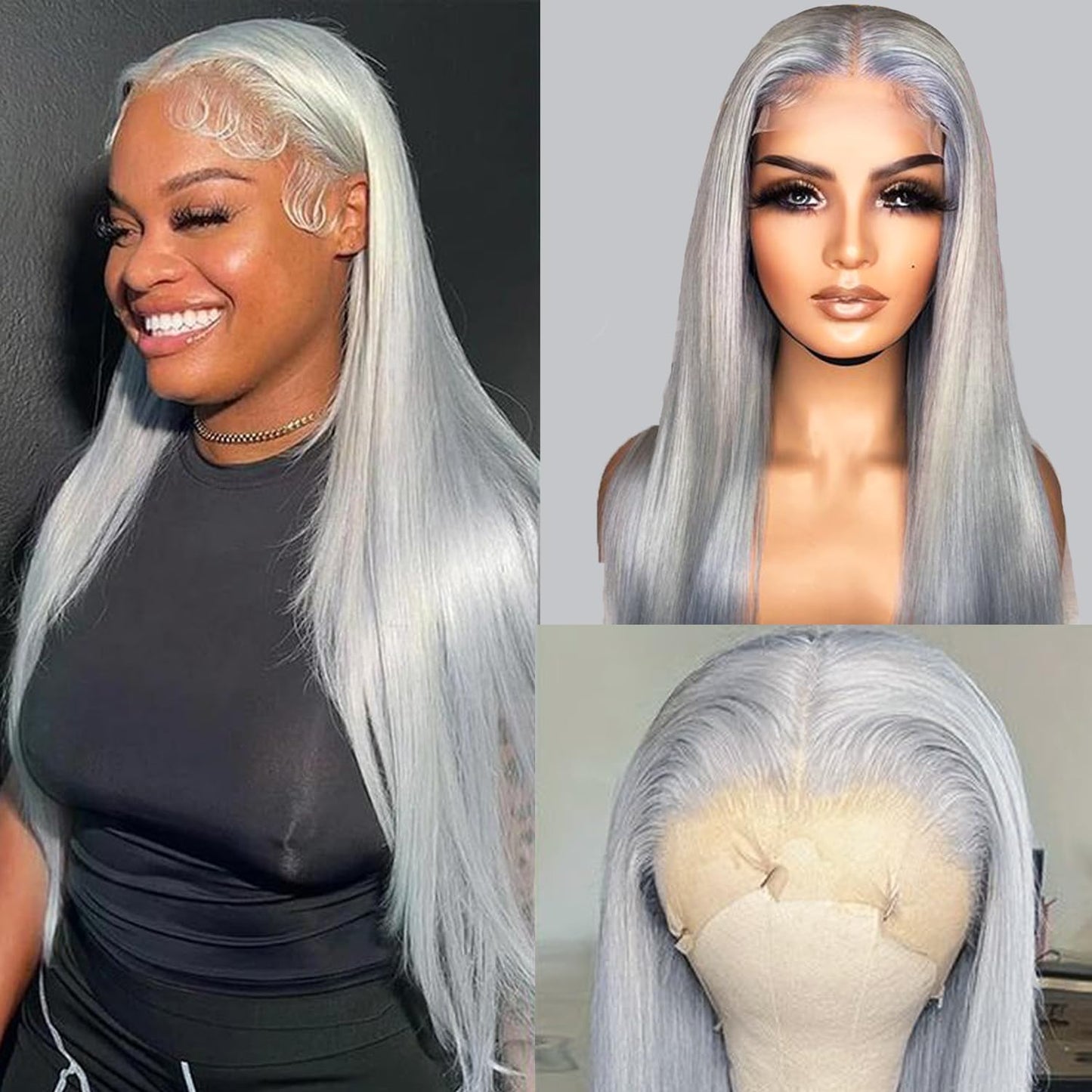 Grey Lace Front Wigs Human Hair 22 Inch 13x6 Grey Wig Human Hair Pre Plucked Glueless HD Lace Front Grey Wigs for Black Women 180% Density Colored Silver Grey Straight Human Hair Lace Front Wigs