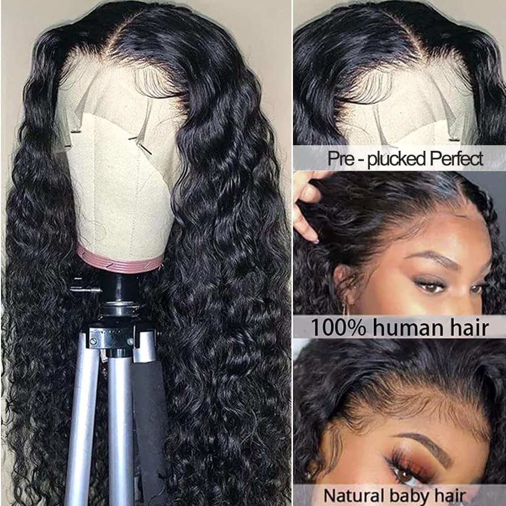 13x4 Deep Wave Lace Frontal Wigs Human Hair 180% Density Deep Curly HD Lace Front Wigs Human Hair for Black Women Pre Plucked with Baby Hair Natural Black 26 Inch