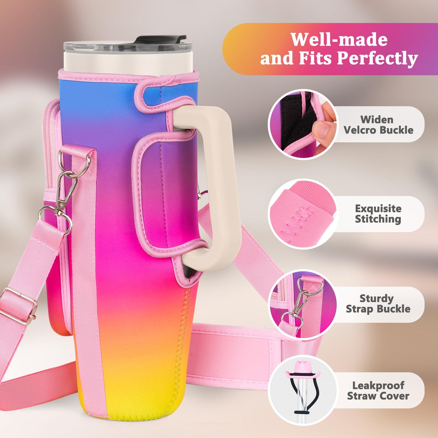 Water Bottle Carrier Bag with Phone Pocket and 2 Straw Covers Compatible with Stanley/Meoky/BrüMate 40 oz Tumbler with Handle,Water Bottle Holder with Adjustable Strap Fits for Stanley Cup Accessories