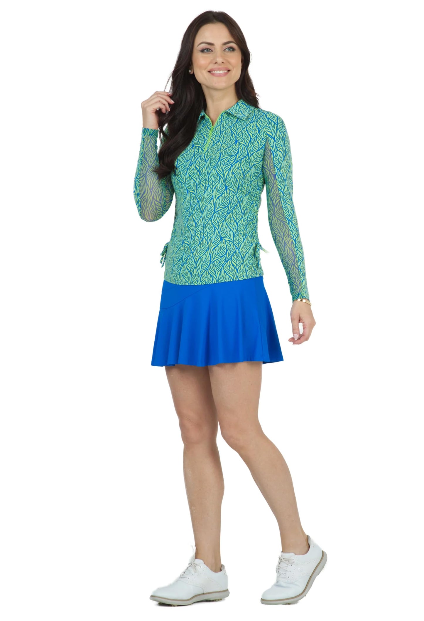 IBKUL Athleisure Wear Sun Protective UPF 50+ Icefil Cooling Tech Sally Print Adjustable Length Long Sleeve Polo - 48655 Orange Peel/Hot Pink Sally M