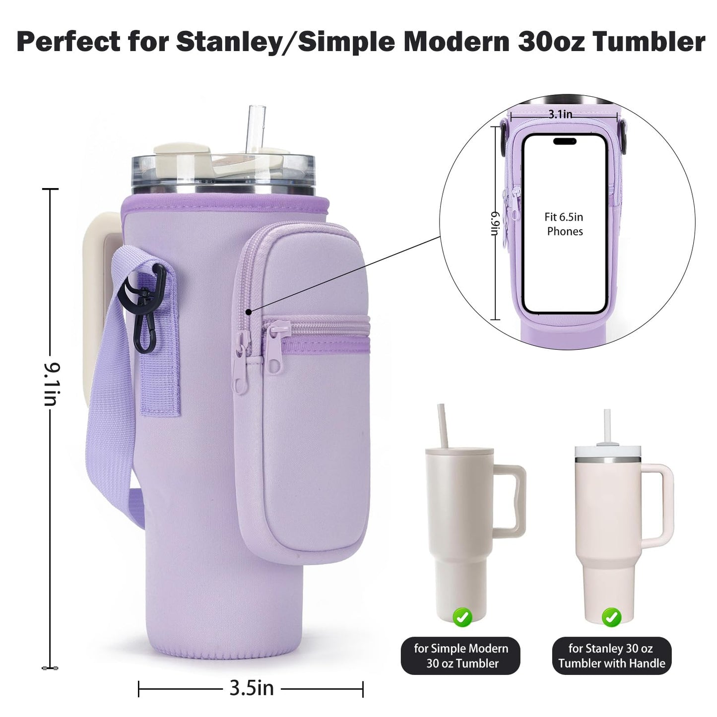 GOEWY Water Bottle Carrier Bag for Stanley 30oz Tumbler with Phone Pocket Water Bottle Holder with Strap Neoprene Water Bottle Pouch for Stanley Cup Accessories