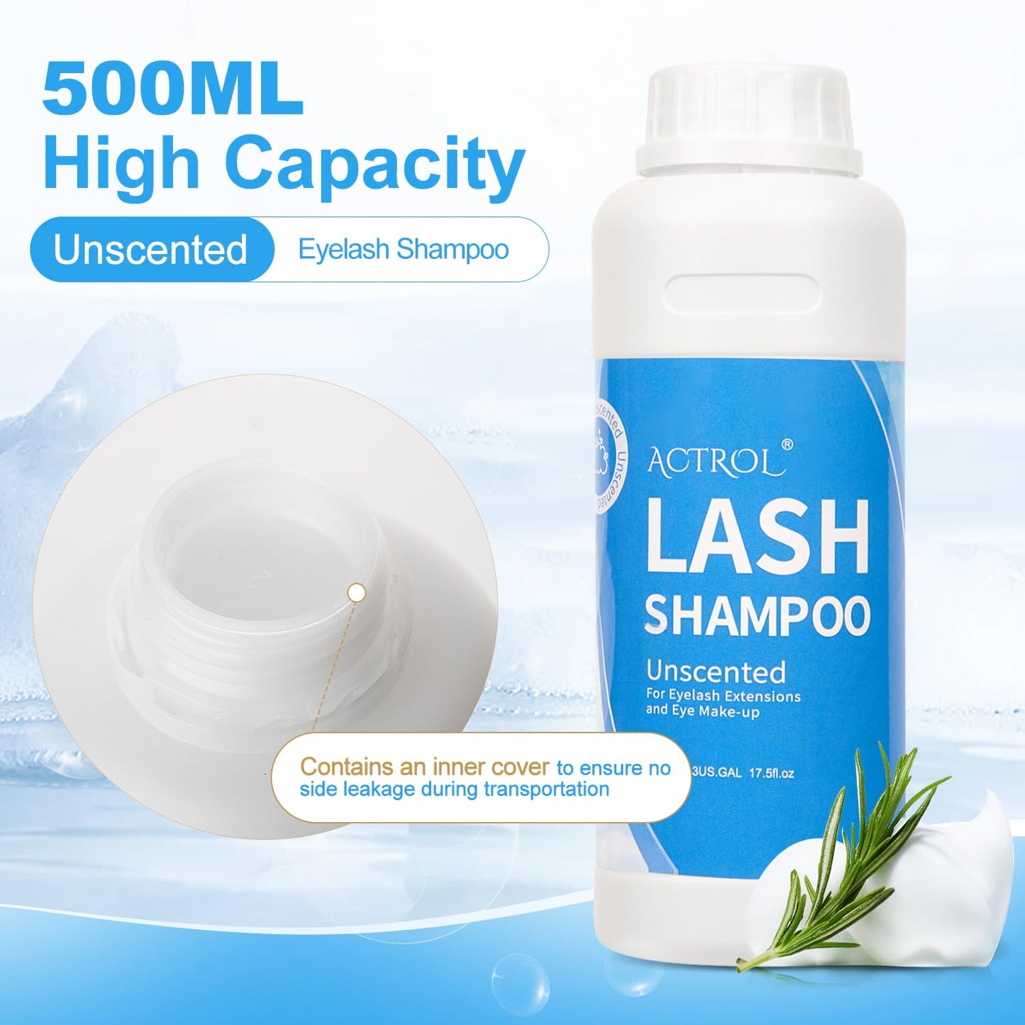 ACTROL Eyelash Shampoo Cleanser 500ml, Natural Plant Ingredients, 17 Fl Oz, Shampoo Salon and Home Care, Cleansing, Alcohol Free, Paraben Free, Unscented Hydrosol