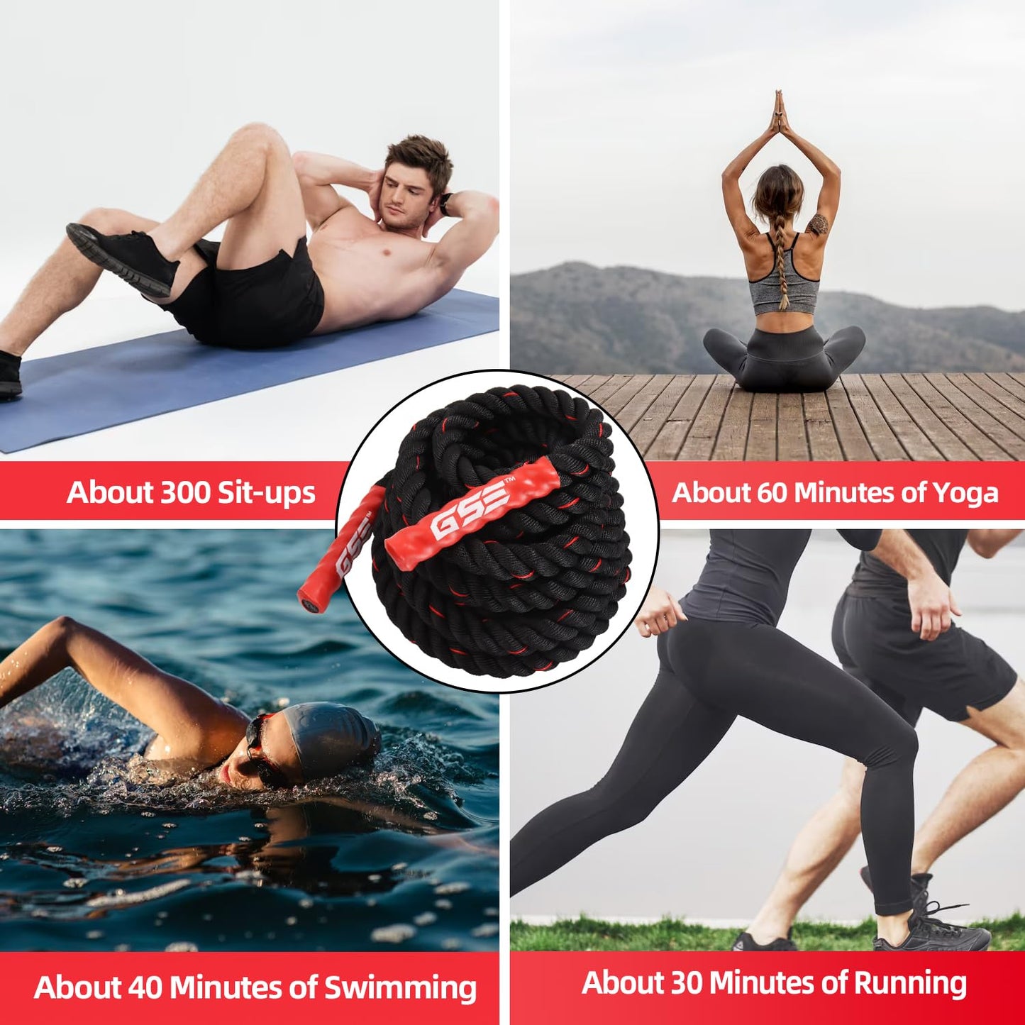 GSE Games & Sports Expert Gym Battle Rope, Heavy-Duty Workout Ropes for Indoor & Outdoor Workout. Exercise Rope for Strength Training - 30, 40, 50 Feet Lengths Available
