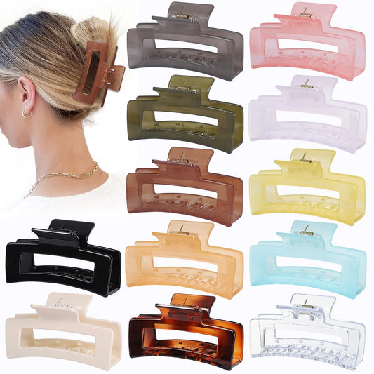 Sisiaipu 12 Pack Medium Square Claw Hair Clips, 3.5 x 2 x 1.1 inch, Shiny, 12 Colors, Hair Accessories for Women and Girls, Rectangular Rectangle Jaw Clips for Thick and Thin Hair Securing, 12 Pieces