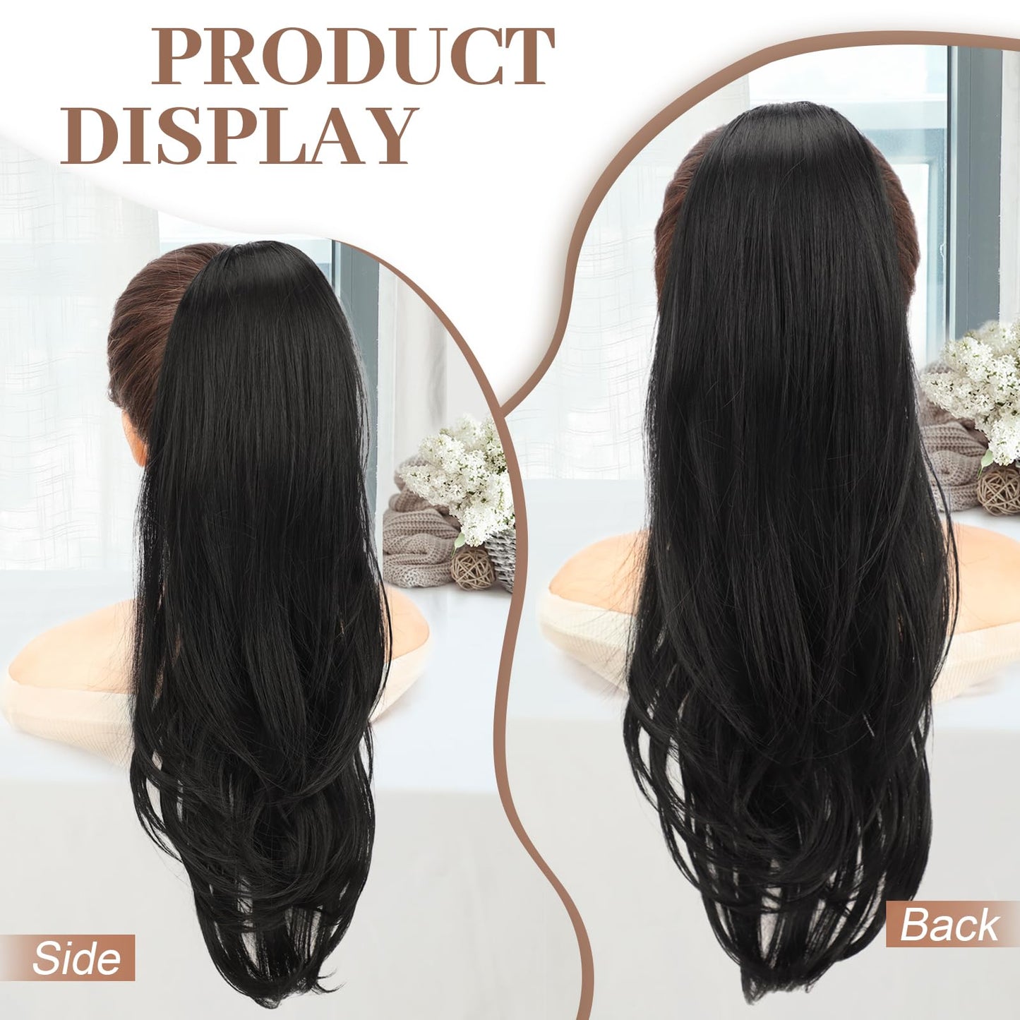 KooKaStyle Ponytail Extensions, 22 inch Black Long Drawstring Wavy Clip in Ponytail Hair Extensions Layered Synthetic Hairpiece for Women