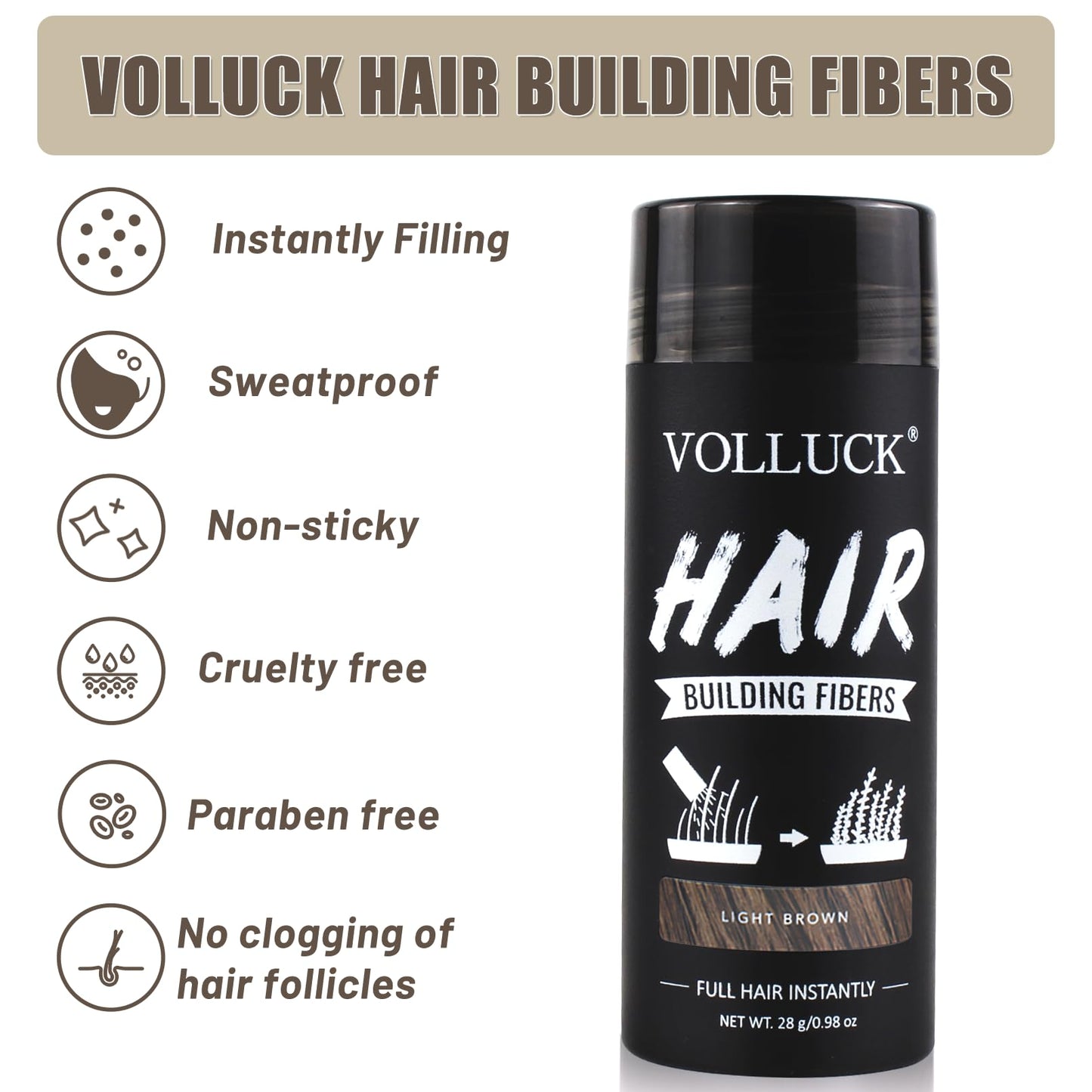 VOLLUCK Hair Fibers for Thinning Hair, Instant Coverage Hair Building Fibers for Women and men, Natural Hair Powder for Conceal Hair Loss 28 g (Light Brown)