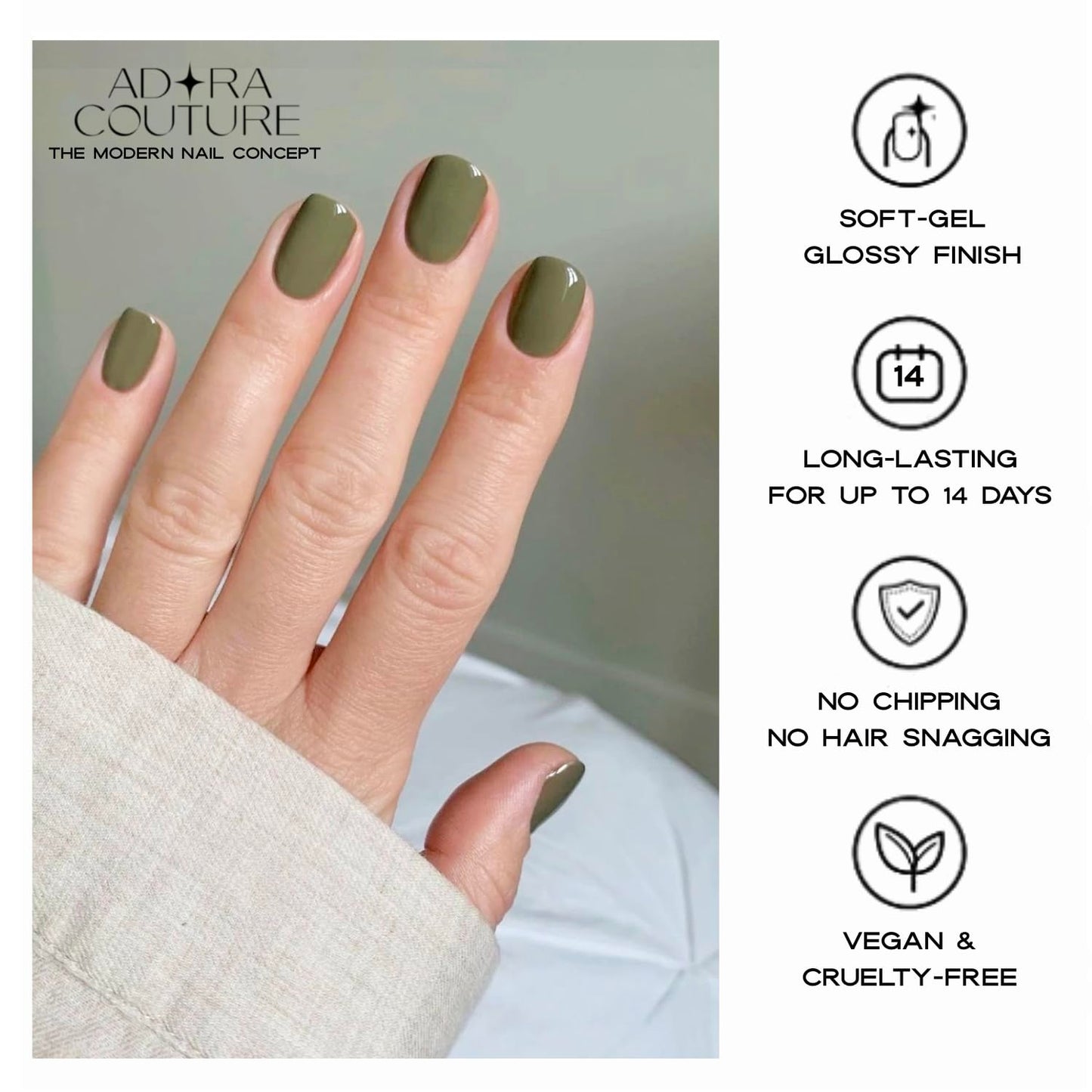 Adora Couture Semi Cured Gel Nail Strips with 20 Pieces, Salon Quality Wraps for Women, Olive Green Moss Sage Glitter UV Gel Stickers, UV Light Required, Olive Joy