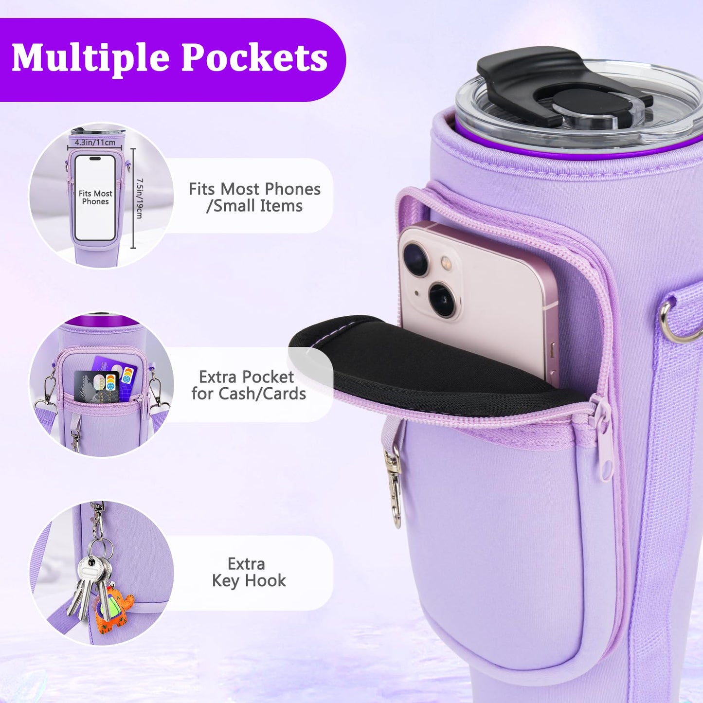 Water Bottle Carrier Bag with Phone Pocket Compatible with Stanley/Meoky 40 oz Tumbler with Handle,Neoprene Water Bottle Holder Pouch with Adjustable Strap Compatible with Stanley Cup Accessories