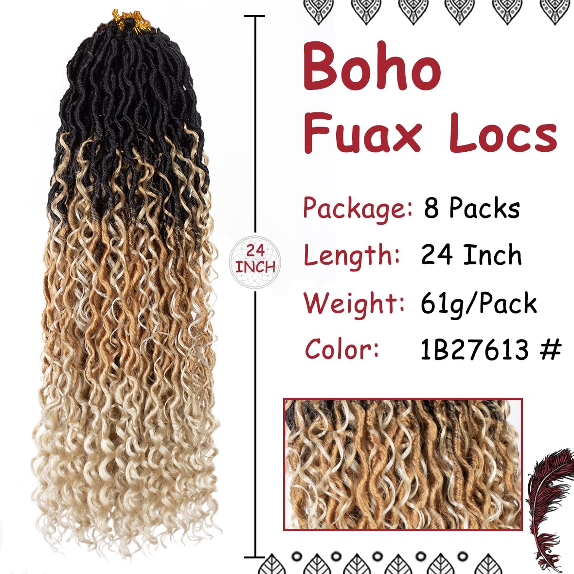 Beverlee 24 Inch Goddess Locs Crochet Hair 8 Pcak Boho Faux Locs Boho Goddess Locs Crochet Locs Pre Looped Soft Hippie Locs Synthetic Bohemian Curly Crochet Locs Hair for Black Women 1B/30/27#