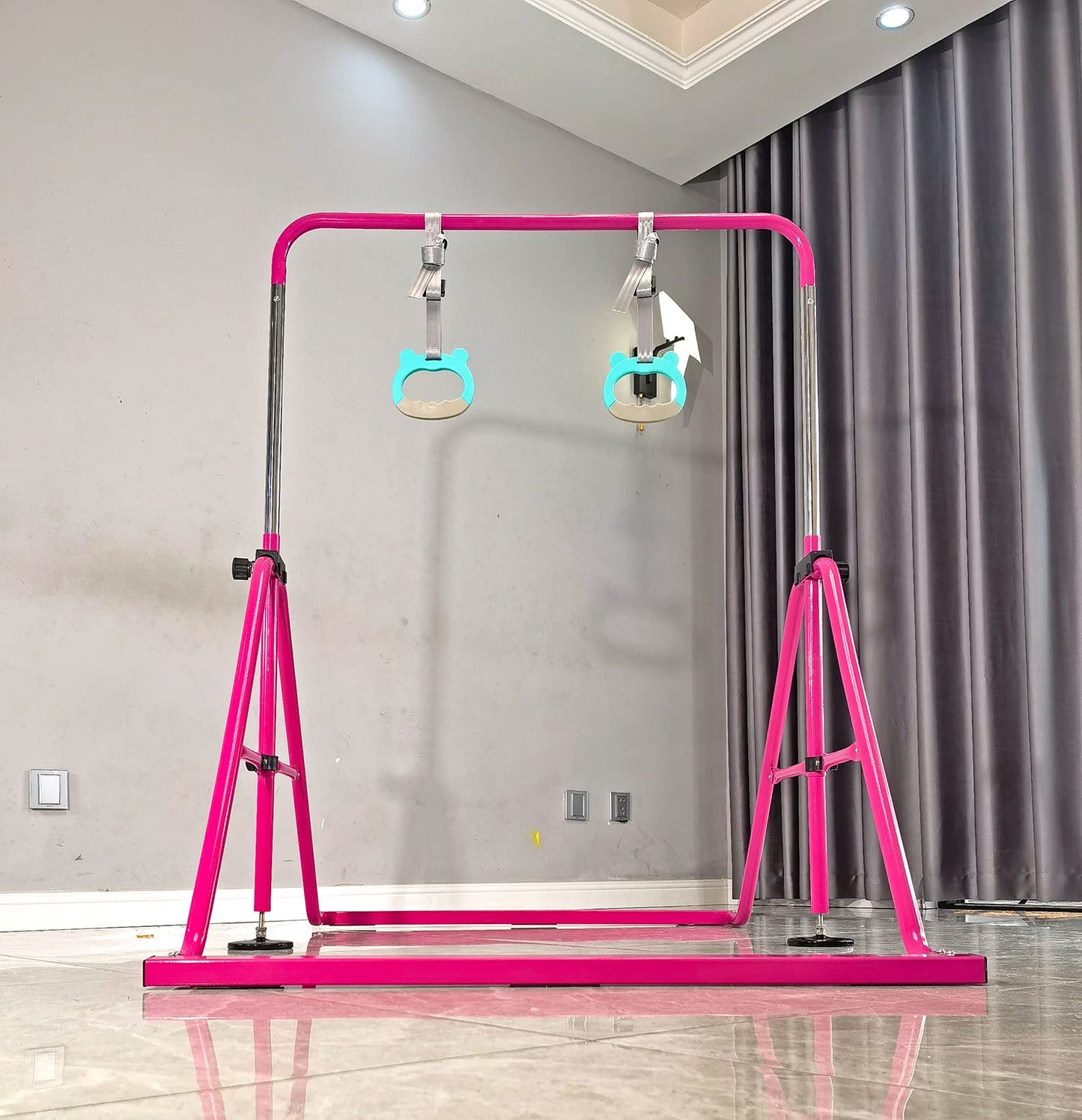 PreGymnastic Updated Folding Gymnastics Bar with Rings, Foldable Kip Bar with Sturdier Base, Gymnasitc Training Bar for Kids Ages 3-10, Gymnastic Horizontal Bars, Home Gym Equipment for Boys Girls
