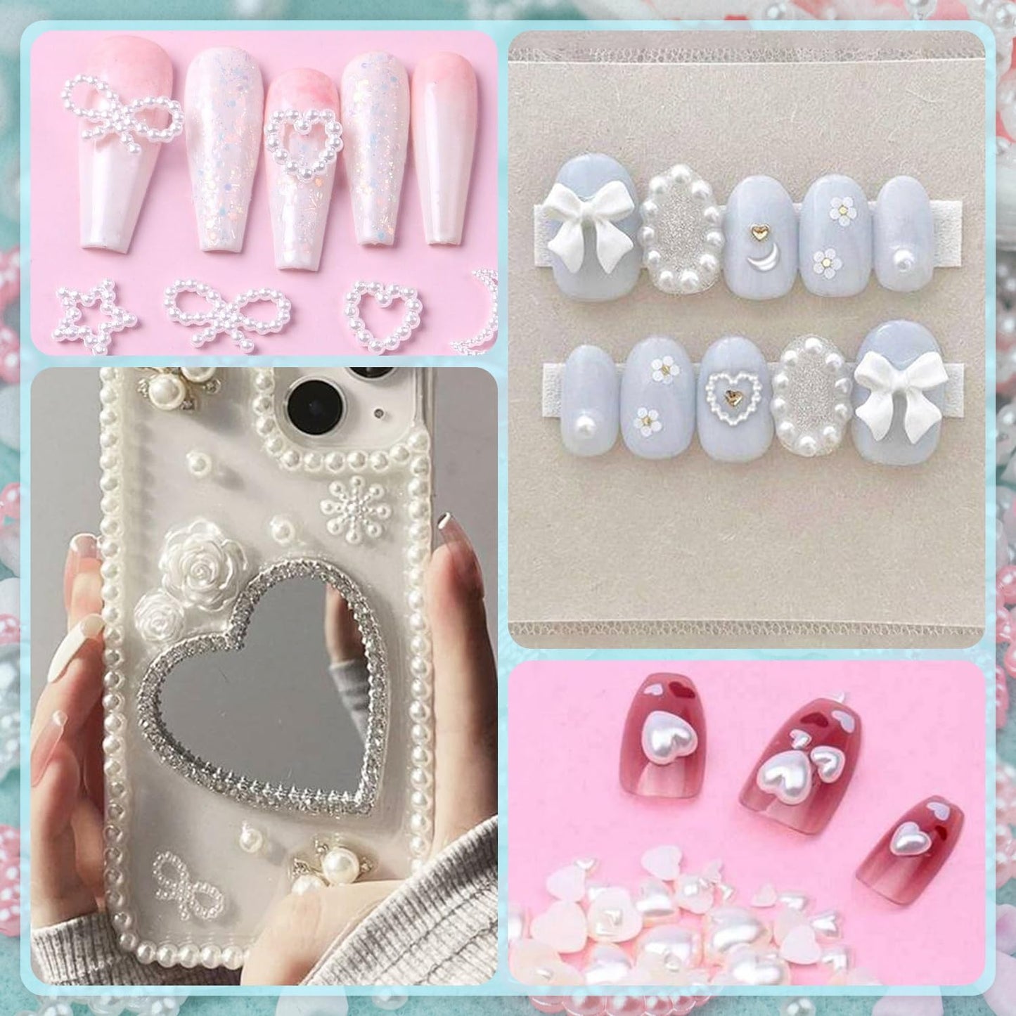 600Pcs 3D Multi Shapes Nail Charms and Flatback Pearls, Light Pink&White Mix Styles Heart Star Bow Sunflower Embellishments for Nail Art, Craft and Decoration with Tweezer and Pickup Pencil