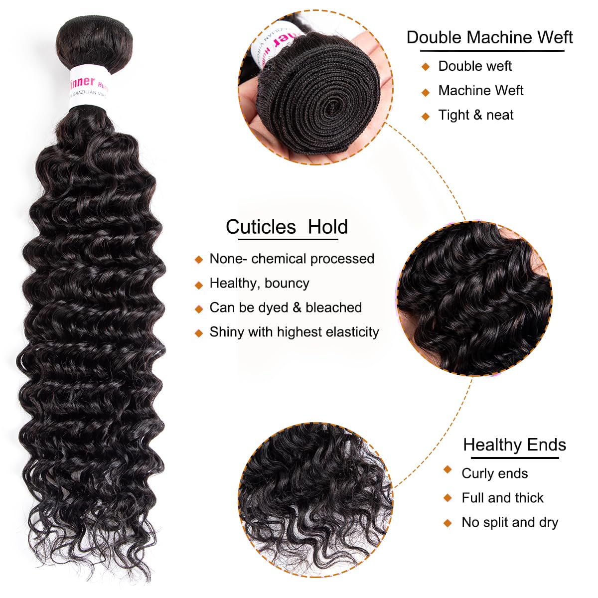 12A Deep Wave Human Hair Bundles 20 20 20Inch Curly Bundles Human Hair 100% Unprocessed Human Hair Bundles Deep Wave Weft Extensions Weave Natural Black 300g