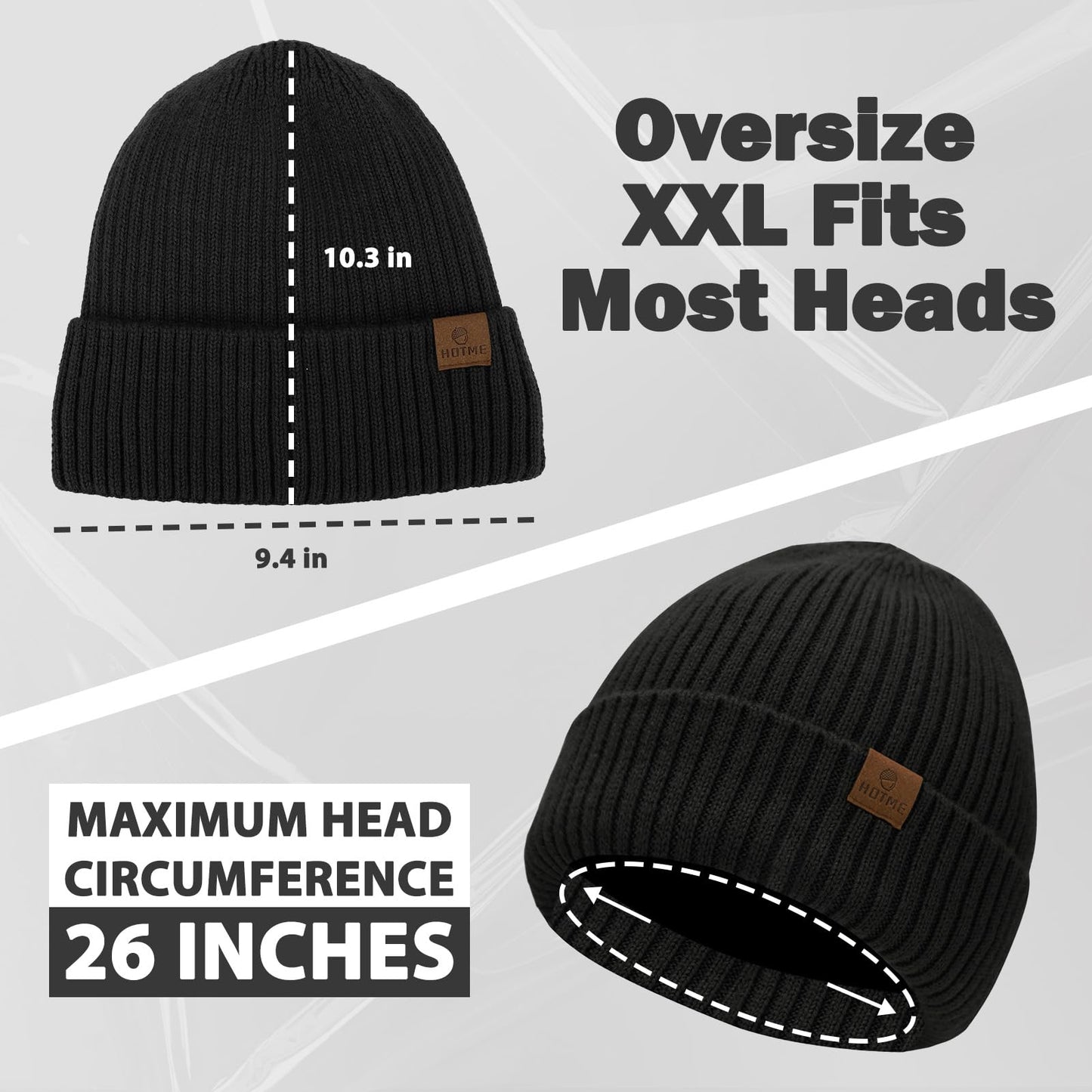 Oversized XL XXL Unisex Merino Wool Beanie with Fleece Lining Cold Weather Winter Hat Big Head Black