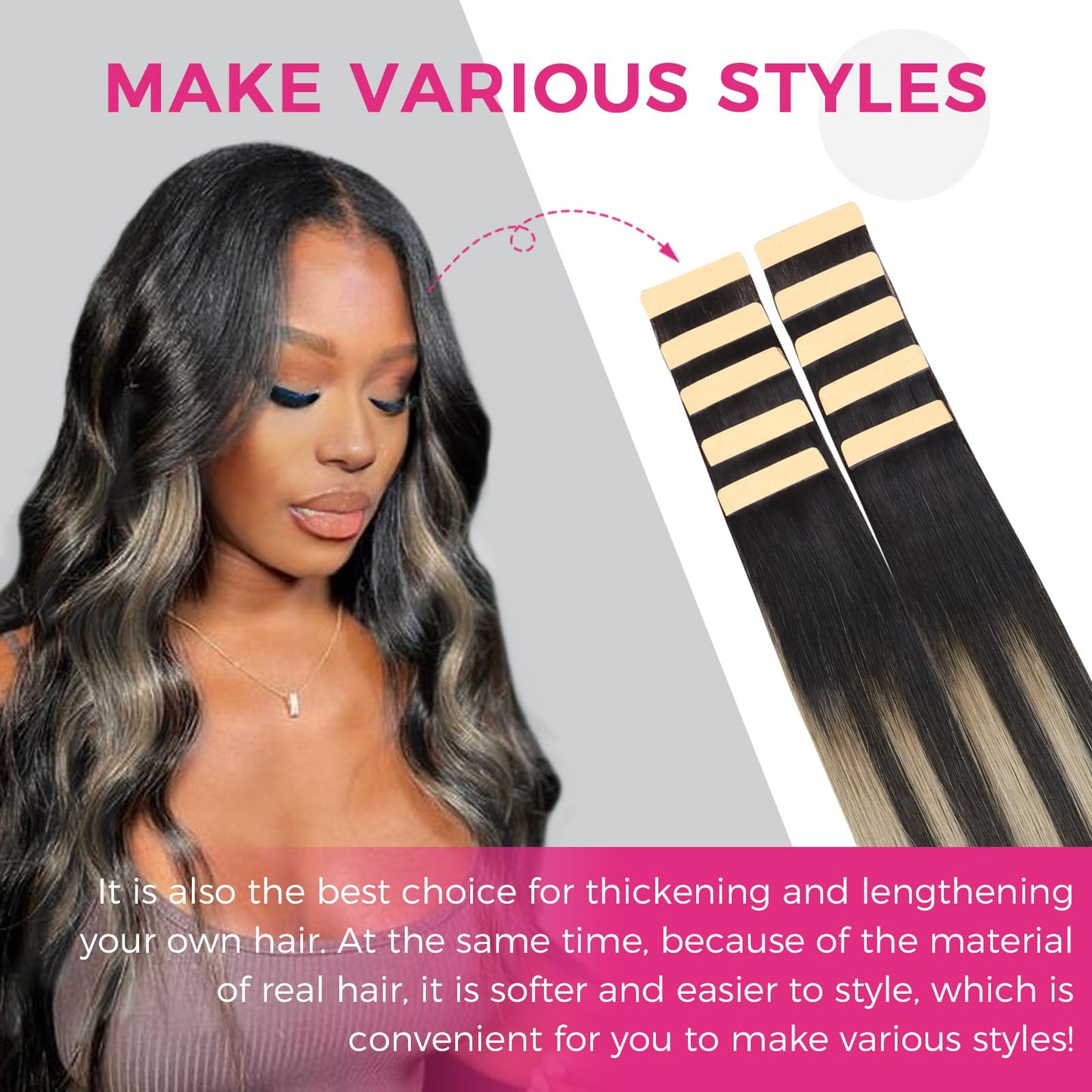 Lashey Tape in Hair Extensions 25g 10pcs 16 Inch Straight Balayage Natural Black to Light Blonde Highlighted Hair Extensions Tape in Hair for Women