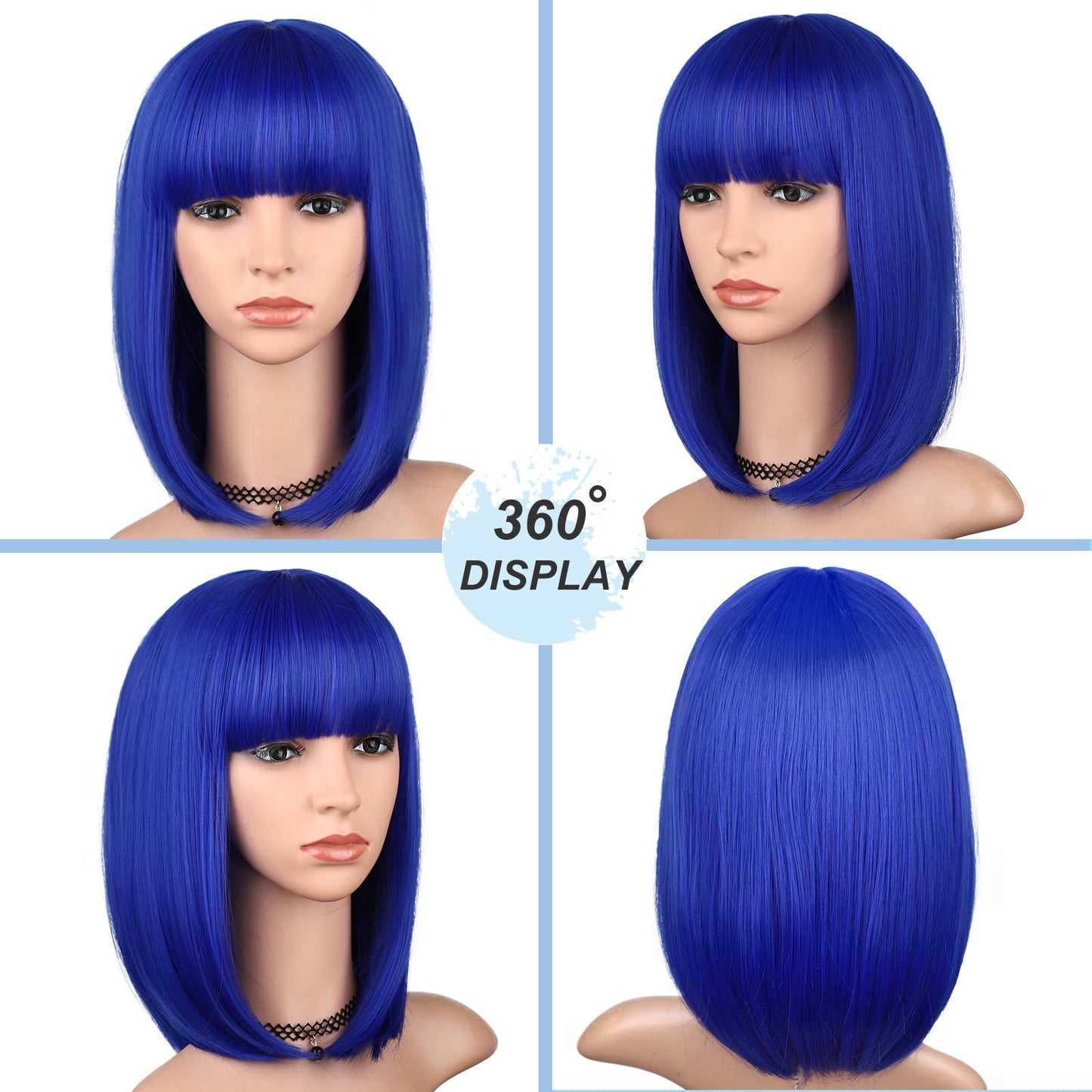 BEAUTIFA Blue Bob Wig with Bangs for Women 12 Inch Short Straight Blue Wigs Synthetic Colored Wigs