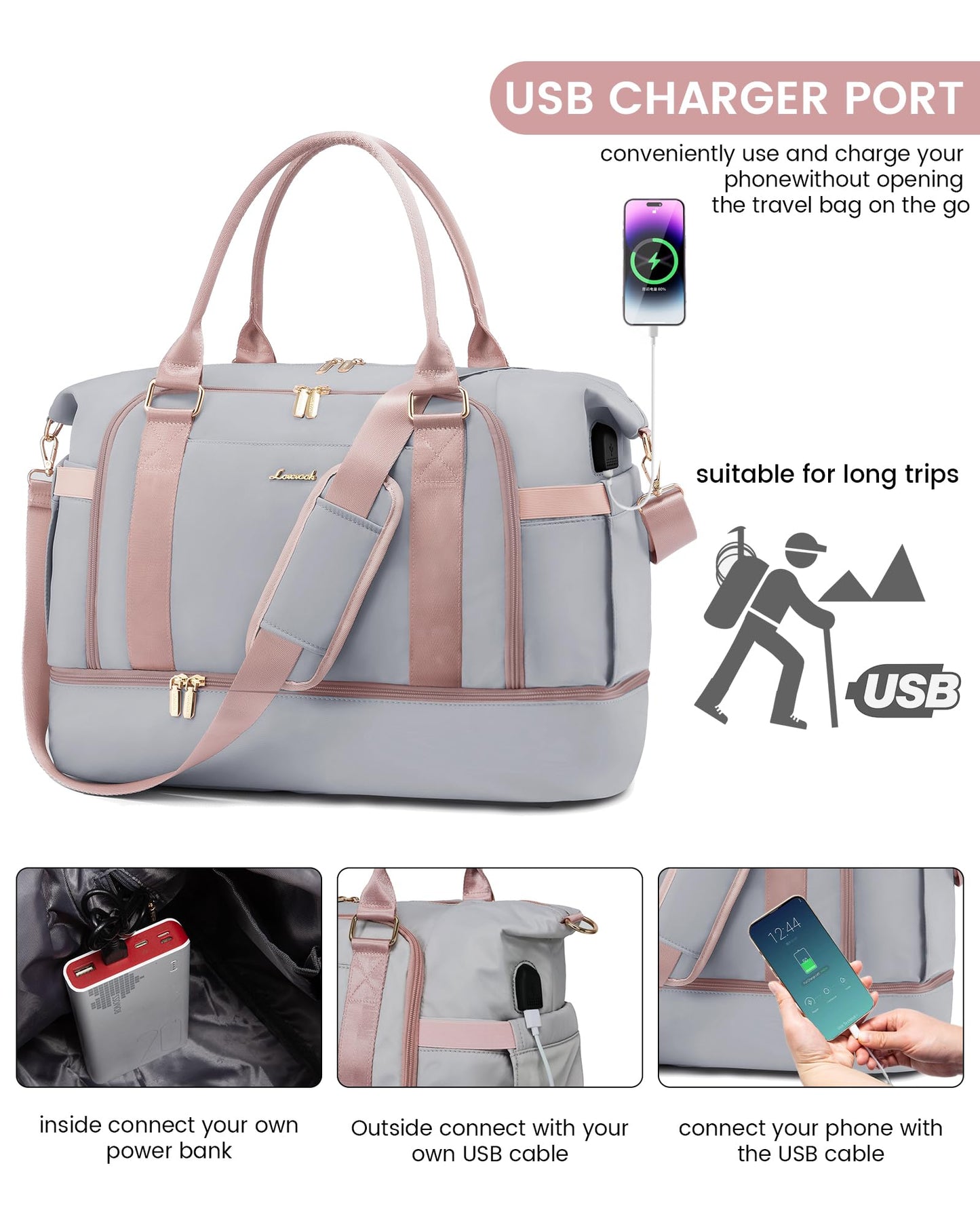 Gym Bag for Women LOVEVOOK Travel Duffel Bag with USB Charging Port,Weekender Bags for Women with Shoe Compartment,Carry on Overnight Bag with Toiletry Bag,Hospital Bags for Labor and Deliver