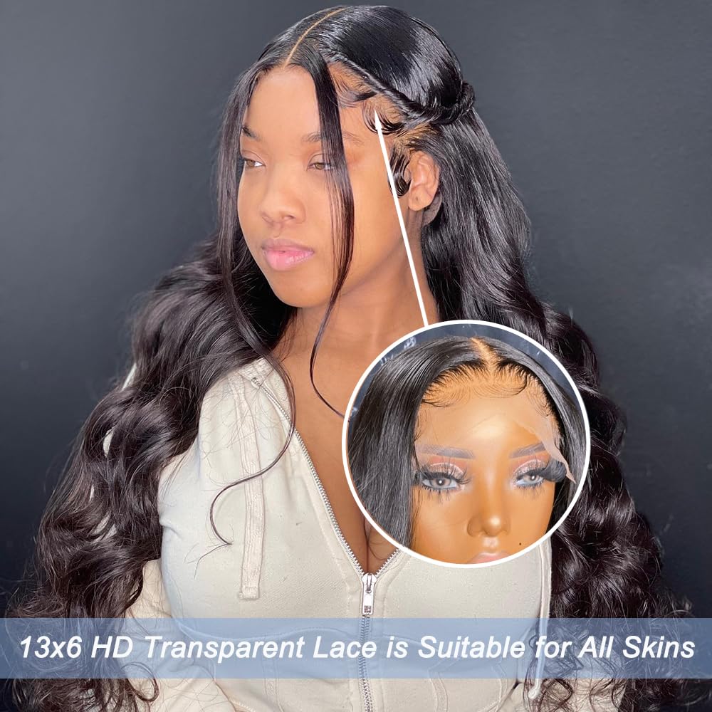 Hailriss Body Wave HD Lace Front Wigs Human Hair Pre Plucked 24 Inch 180% Density 13x6 Glueless Frontal Wigs Human Hair Lace Front Wigs for Black Women Human Hair Natural Black