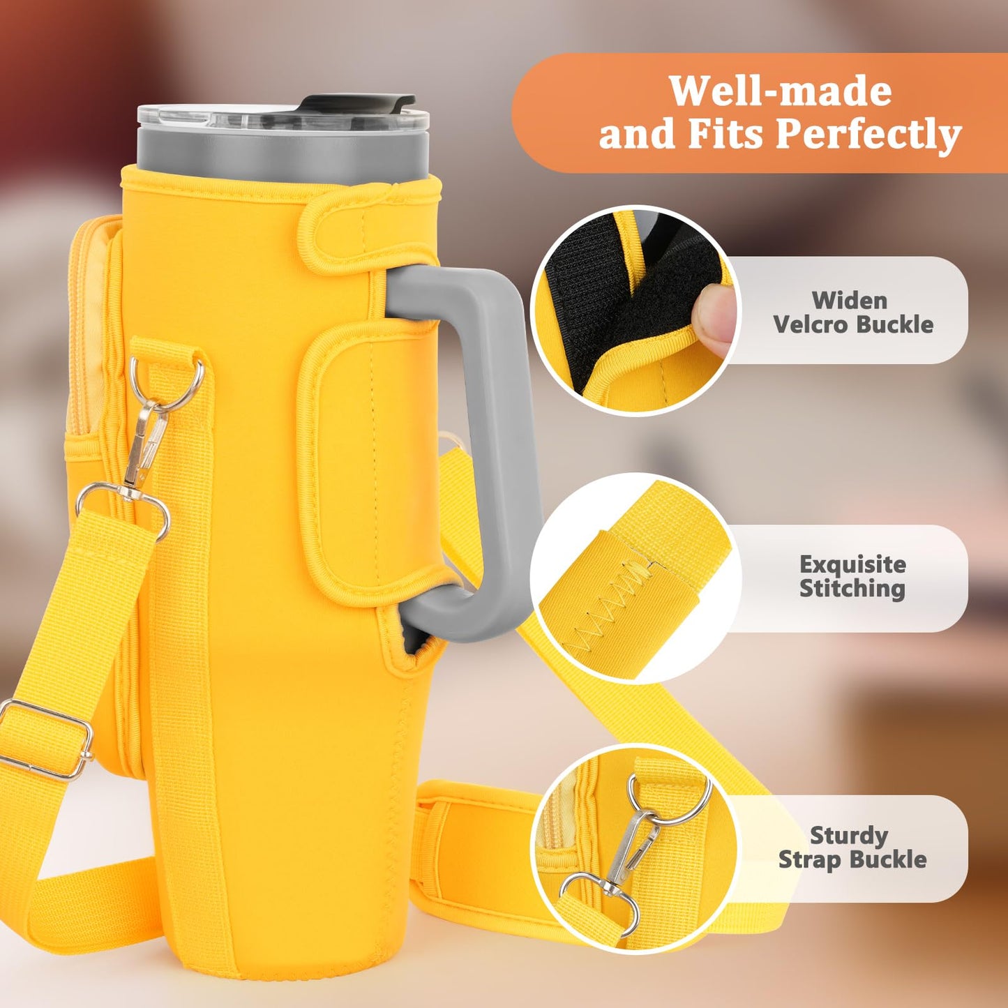 Water Bottle Carrier Bag with Phone Pocket Compatible with Stanley/Meoky 40 oz Tumbler with Handle,Neoprene Water Bottle Holder Pouch with Adjustable Strap Compatible with Stanley Cup Accessories