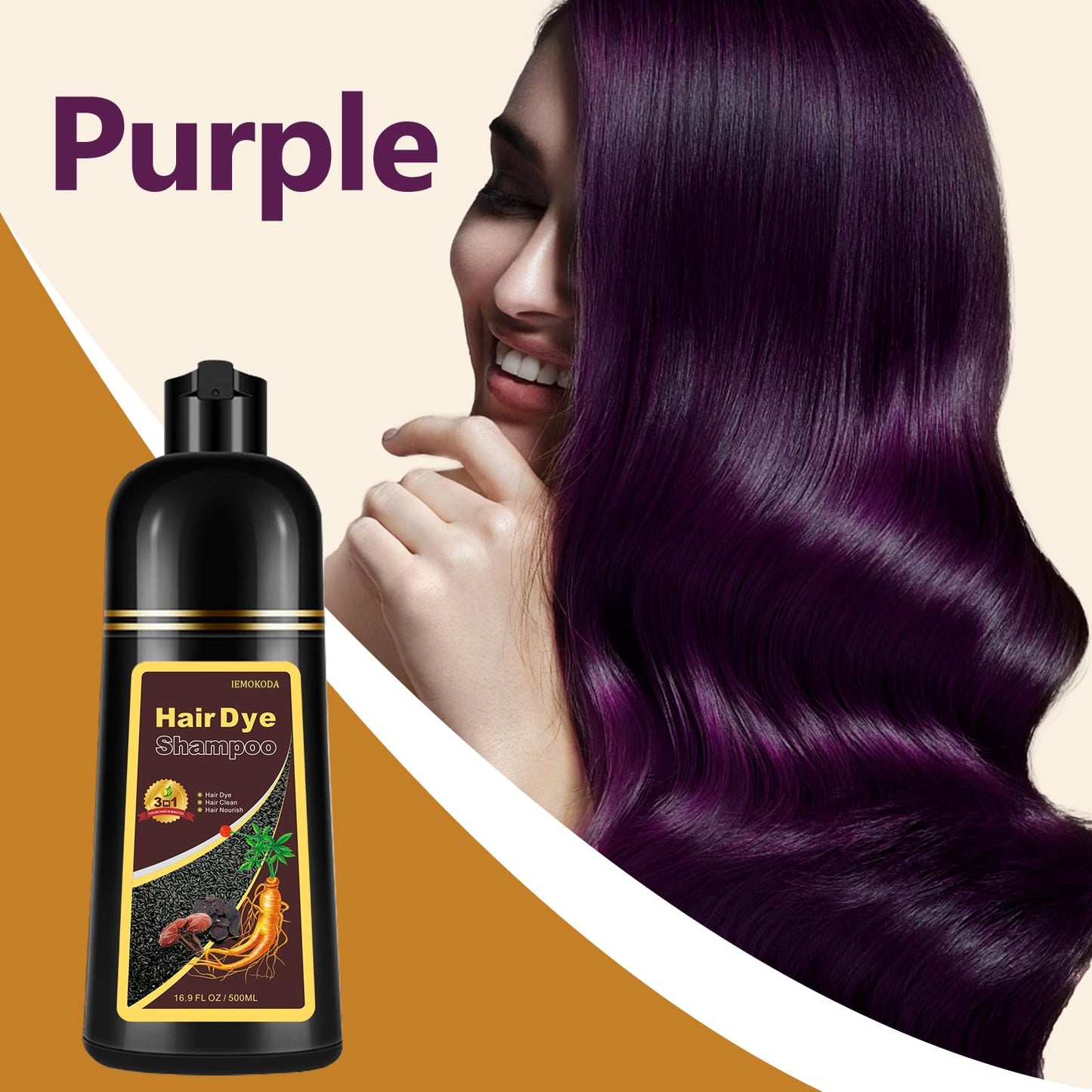 Instant Purple Hair Dye Shampoo for Gray Hair 3 in 1, Natural Hair Color Shampoo for Women Men Colors in 10-15 mins, Hair Paint Long Lasting Hair Dye 16.9 Fl Oz (Purple)