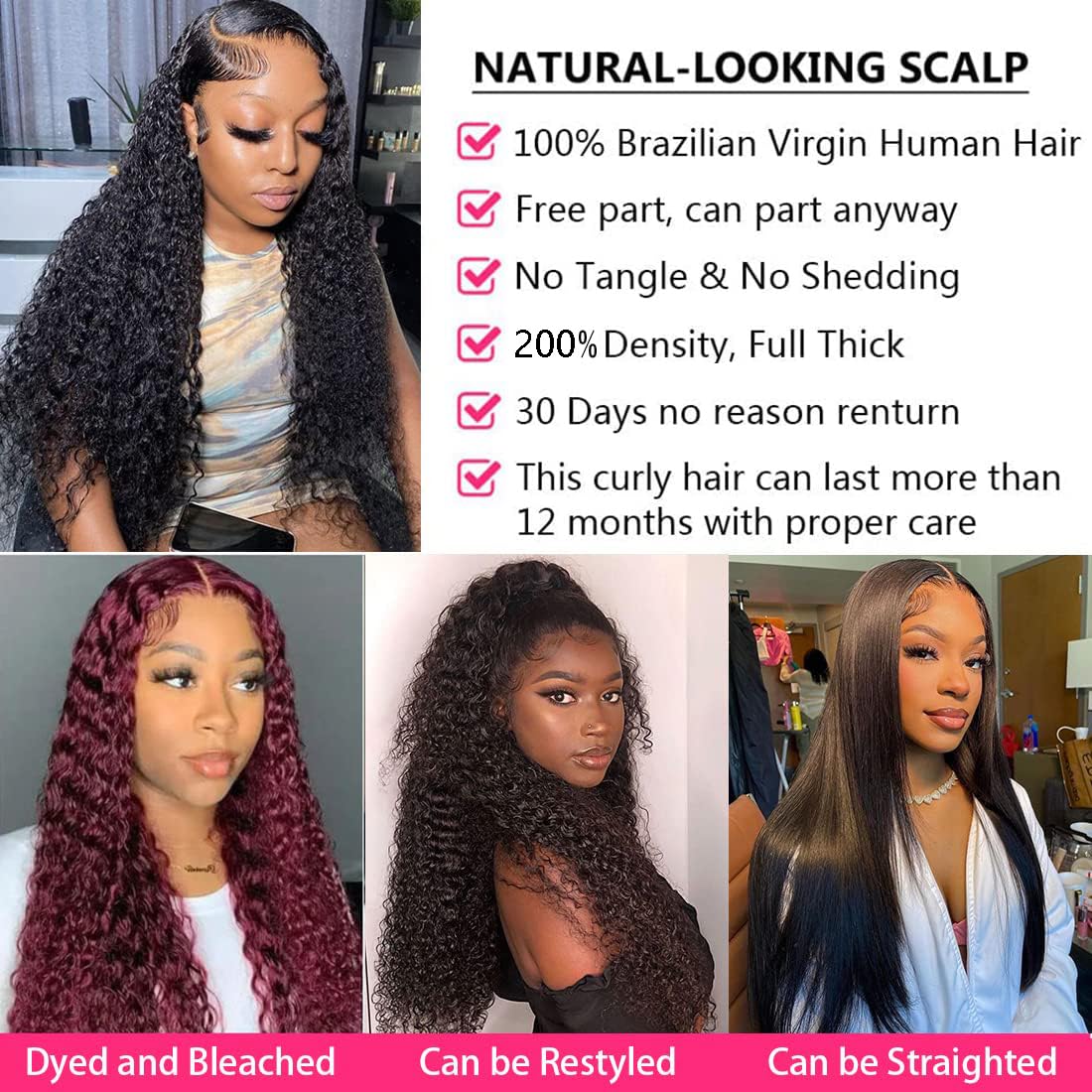 13x4 Deep Wave Lace Front Wigs Brazilian Human Hair Deep Curly 200% Density HD Lace Frontal Human Hair Wigs for Women Glueless Wig Pre Plucked Natural Black 18 Inch