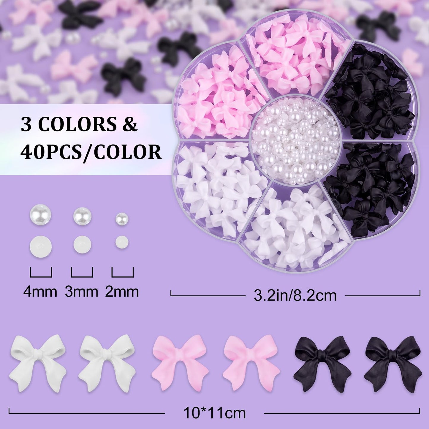 120pcs 3D Nail Bow Charms & Pearls Set - Pink, White, Black Bow Charms & White Flatback Pearls with Glue Gel (UV Needed) & Pickup Tools