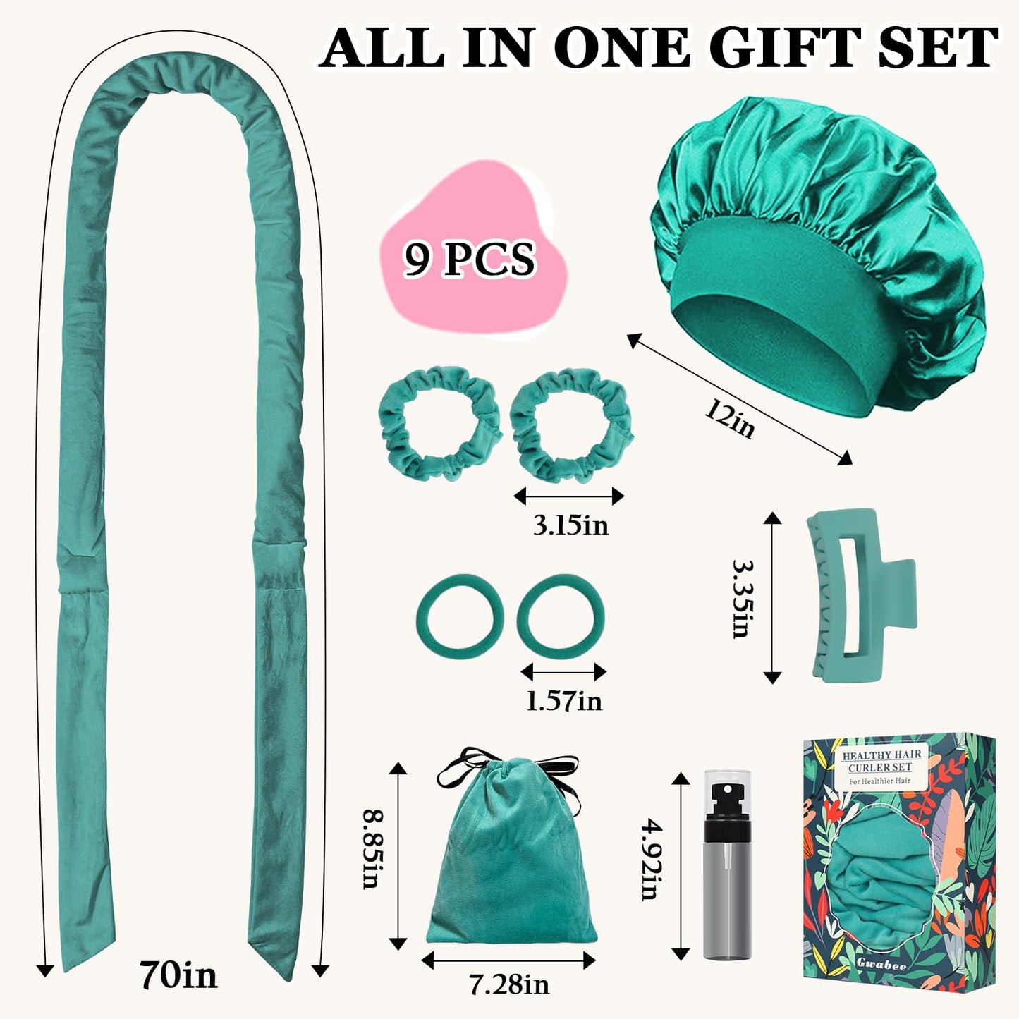 Gwabee No Heat Overnight Curl Headband, 70" Soft Ribbon Wrap for Long Hair, 9 PCS Hair Curling Rods Set - Blue Green