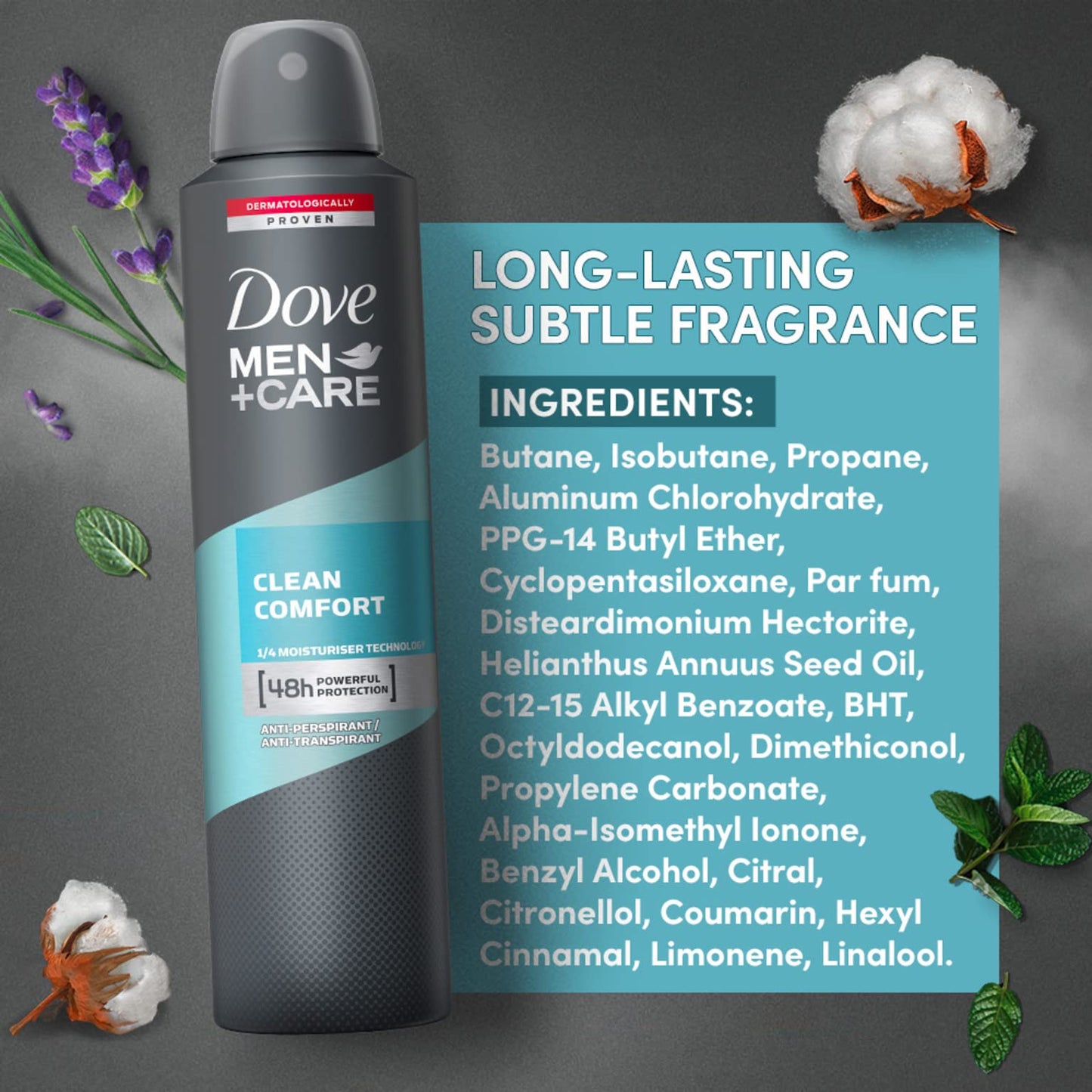 Dove MEN + CARE Clean Comfort Antiperspirant Deodorant 48 Hour Protection, 250 ml, Pack of 6