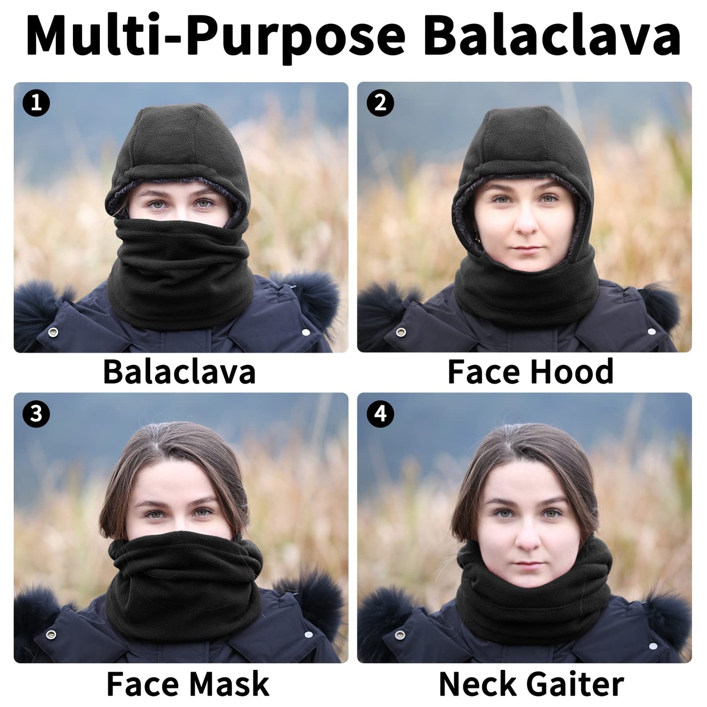 Achiou Ski Mask for Women Men, Sherpa Hood Ski Mask, Winter Balaclava Windproof Hooded Scarf Cold Weather Hat Neck Warmer Black