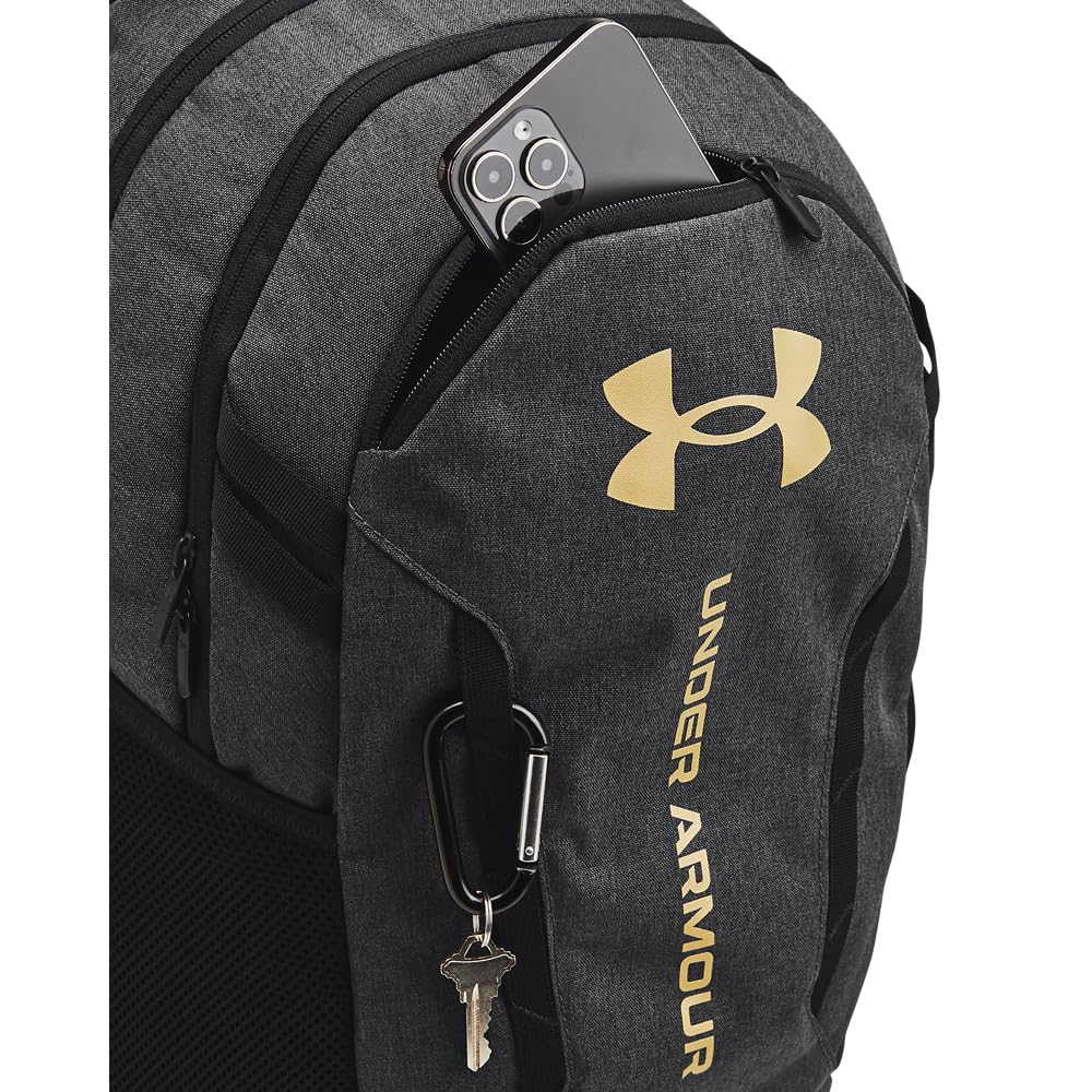 Under Armour Unisex-Adult Hustle 6.0 Backpack, (005) Black Full Heather/Black/Metallic Gold, One Size Fits Most