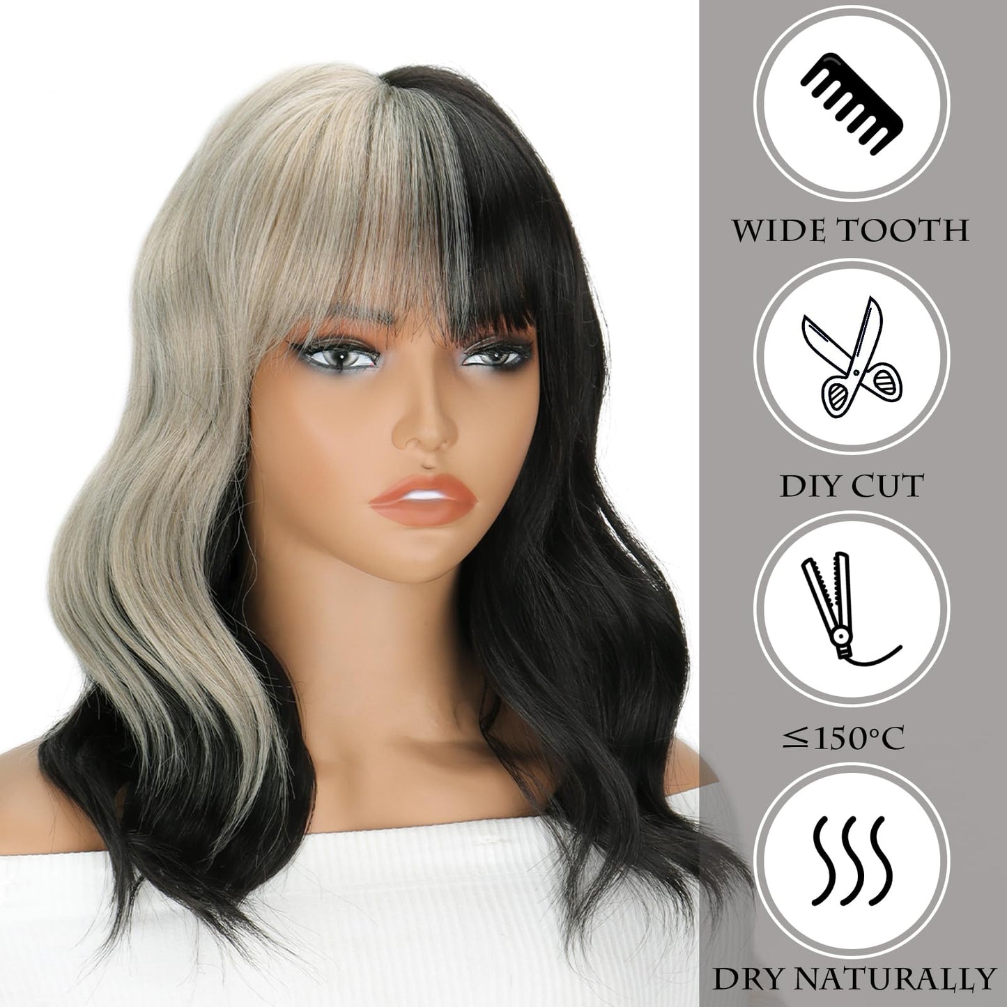 LINGHANG Grey Black Wigs with Bangs Soft Natural Synthetic Fibre Wigs for Women Short Grey Wavy Wig for Cosplay Halloween Daily Party Use