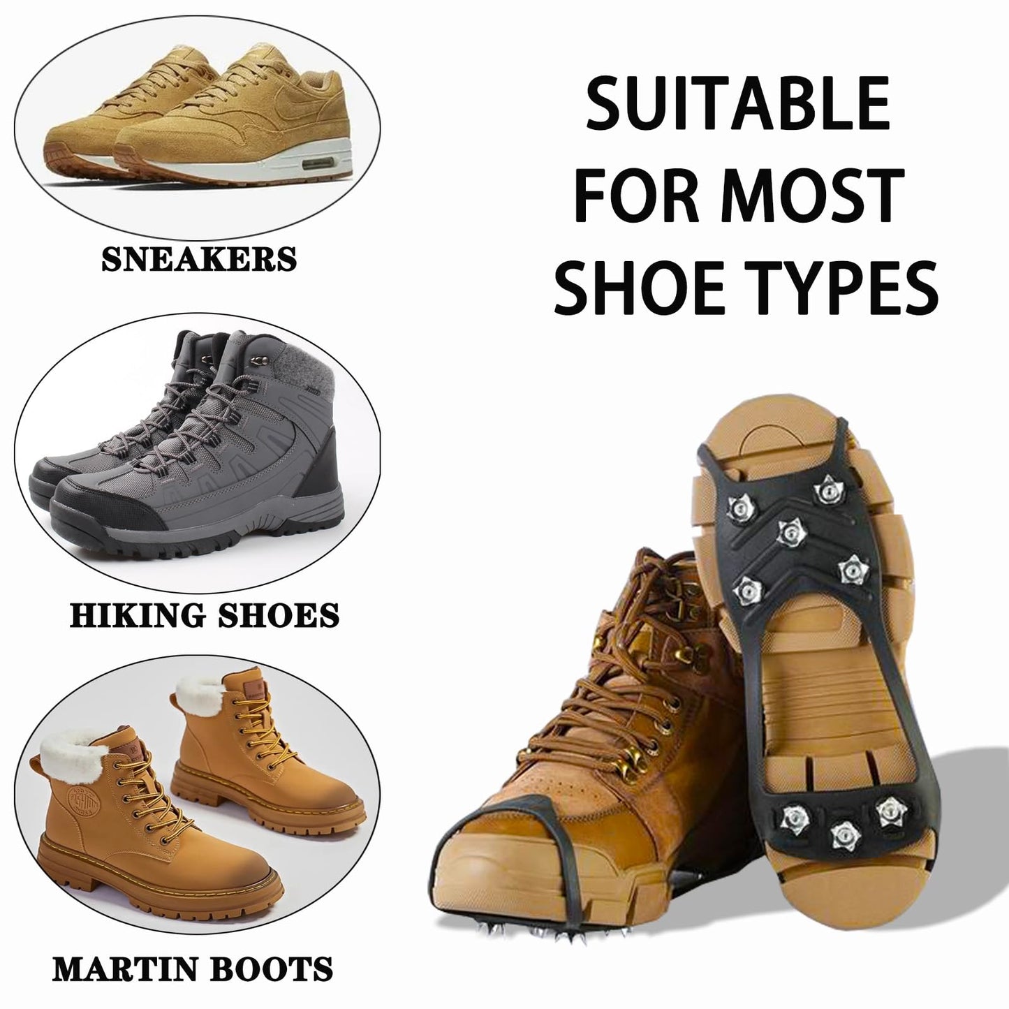 2 Pairs Ice Cleats for Shoes and Boots,Universal 8 Steel Studs Crampon Ice & Snow Grippers for Winter Hiking Climbing Ice Fishing,Anti-Slip Spikes for Shoes