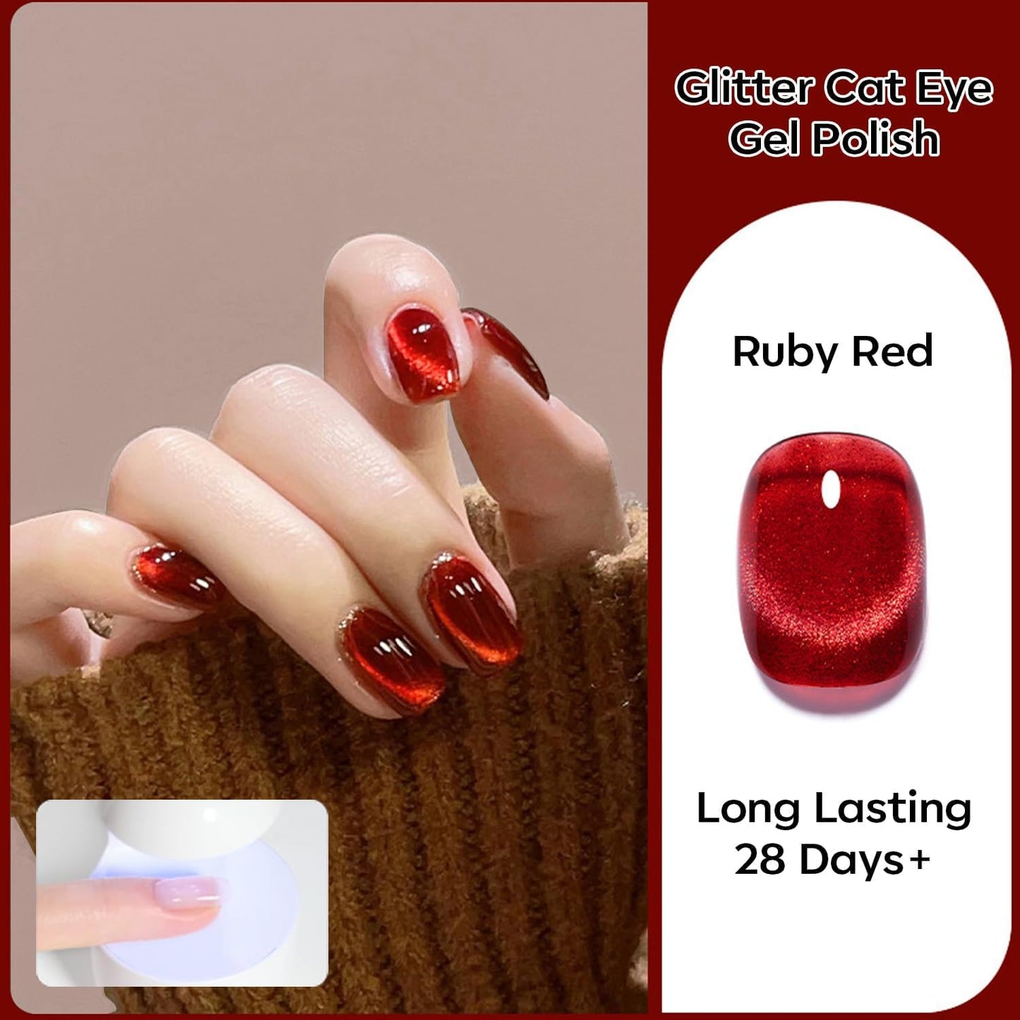 modelones Cat Eye Gel Nail Polish,15 ML Glitter Red Nail Polish 9D Magnetic Burgundy Red Sparkle Bloody Glass Polish Reflective Translucent UV Ge Art DIY Salon Mother's Day Gift for Girl Women