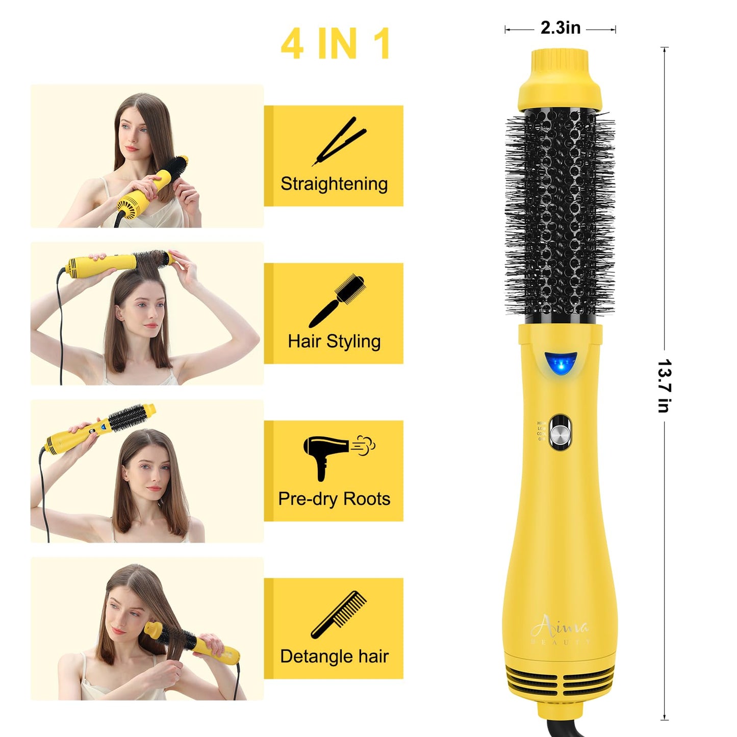 Hair Dryer Brush, Aima Beauty 4-in-1 Upgrade Hot Air Straightener Curler Function for Women, Hair Styling Tools, Yellow-Round