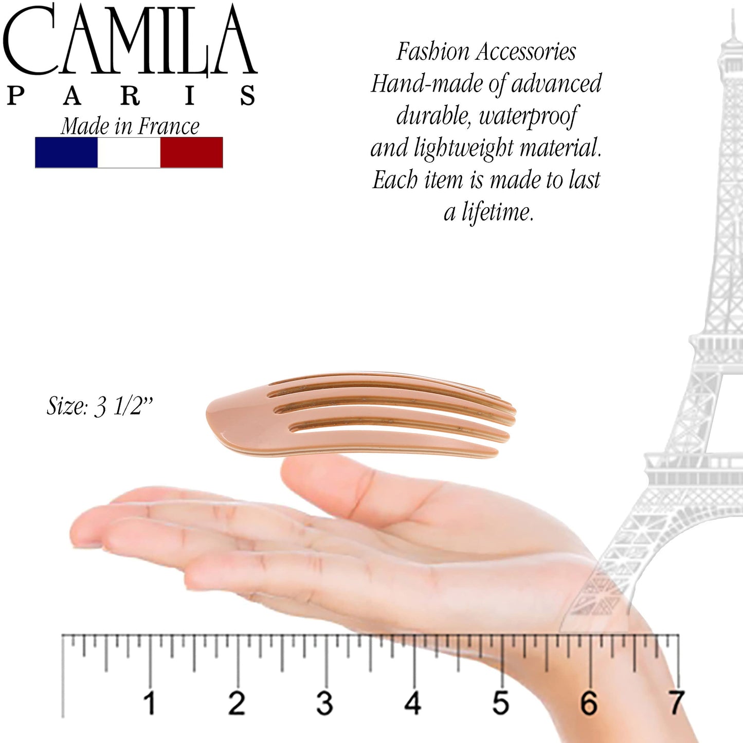 Camila Paris CP3402 French Hair Side Comb Small Rounded, Pink, Handmade French Twist Hair Combs, Strong Hold Hair Clips for Women Bun Chignon, No Slip Styling Girls Hair Accessories Made in France