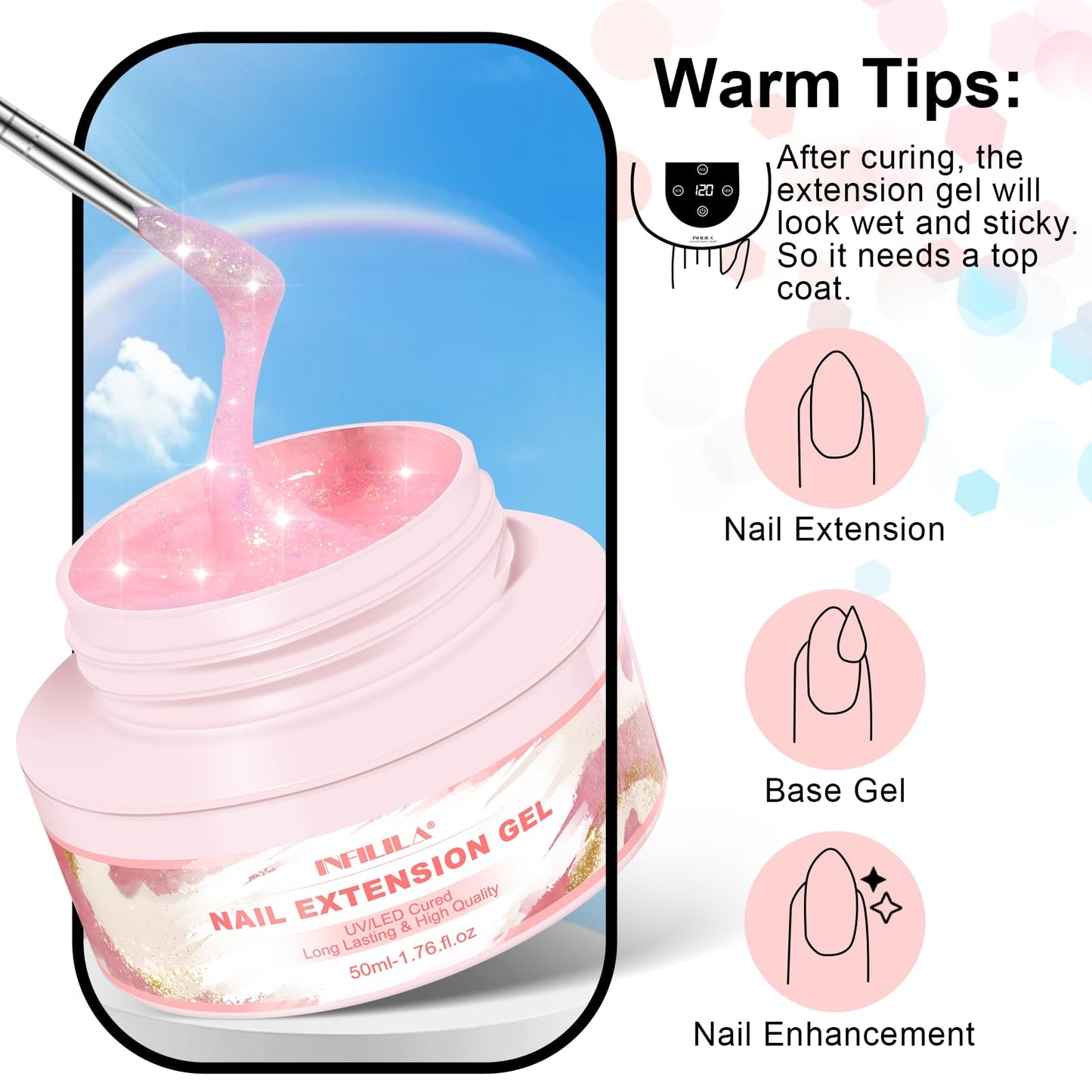 NXJ INFILILA Glitter Poly Nail Gel, Baby Pink Colors Poly Extension Gel Nail Enhancement, Thickening Glossy Builder Home DIY Salon Use for Girls UV/LED Nail Lamp Required P05