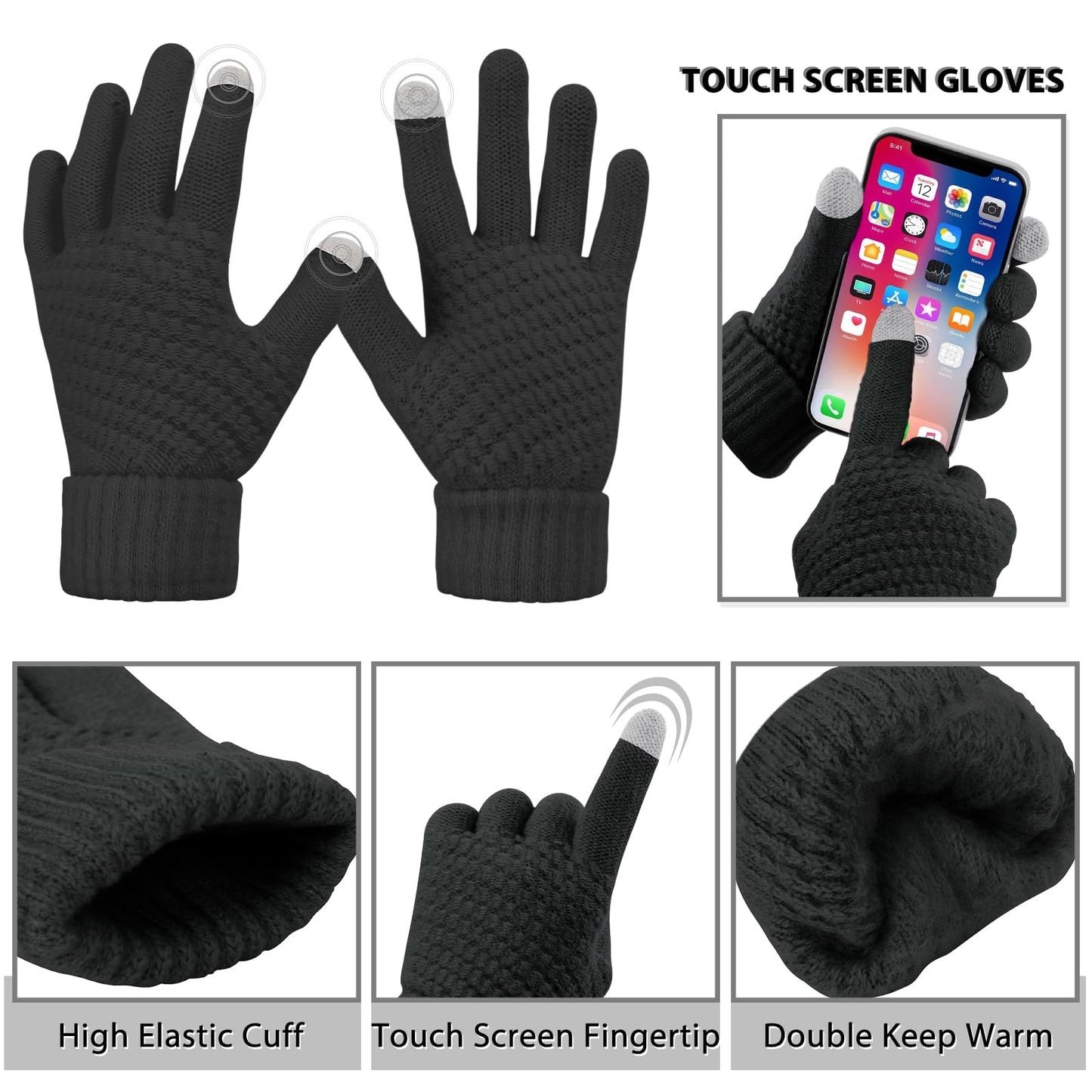 3 Pieces Womens Beanie Hat Scarf Touch Screen Gloves Set for Women Warm Knit Fleece Lined Skull Caps Neck Warmer Gifts,A-Black