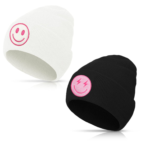 2 Pcs Preppy Beanie Hats Knit Beanie Hat Winter Cute Embroidered Hats for Women(Black, White,Smile Face)