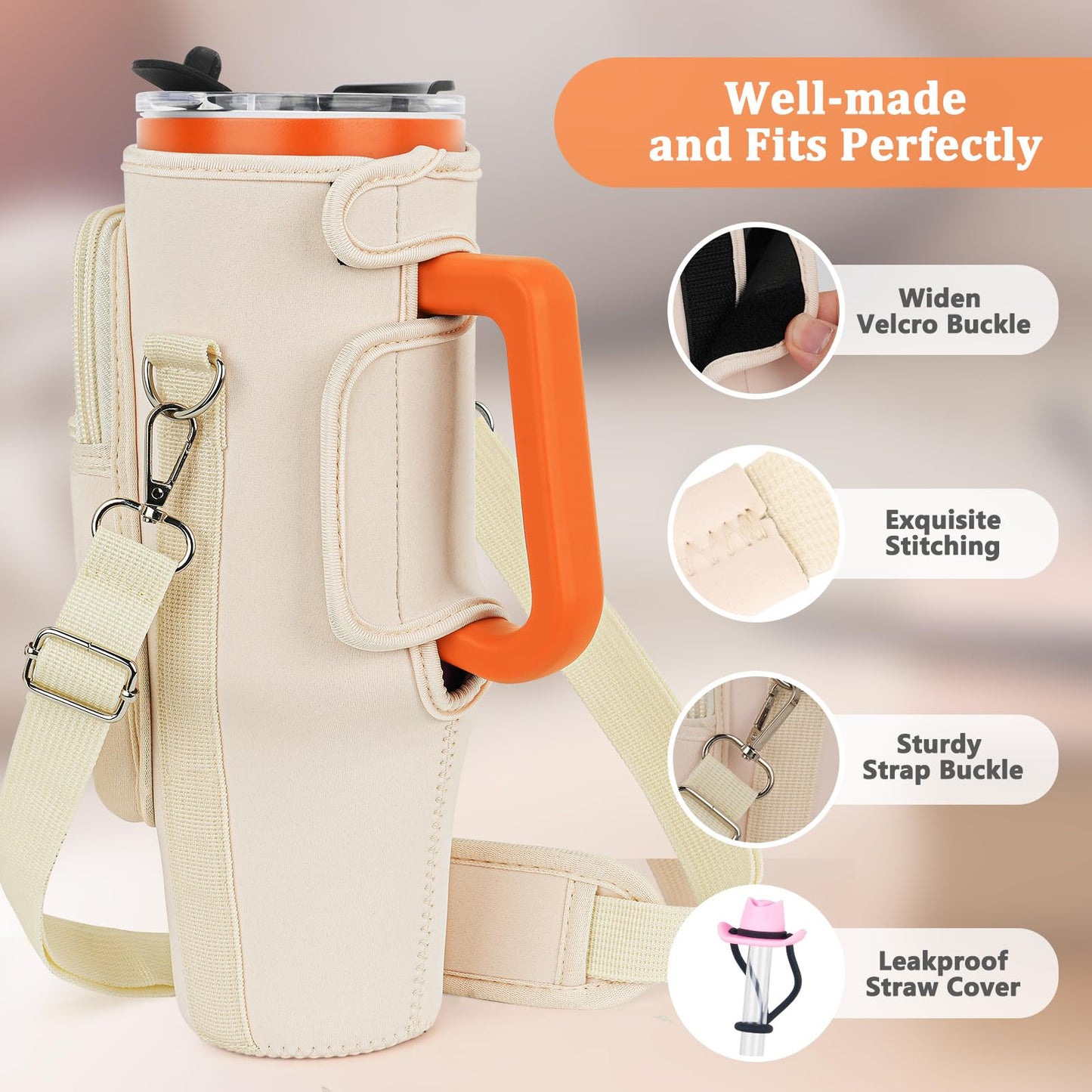 Water Bottle Carrier Bag with Phone Pocket and 2 Straw Covers Compatible with Stanley/Meoky/BrüMate 40 oz Tumbler with Handle,Water Bottle Holder with Adjustable Strap Fits for Stanley Cup Accessories