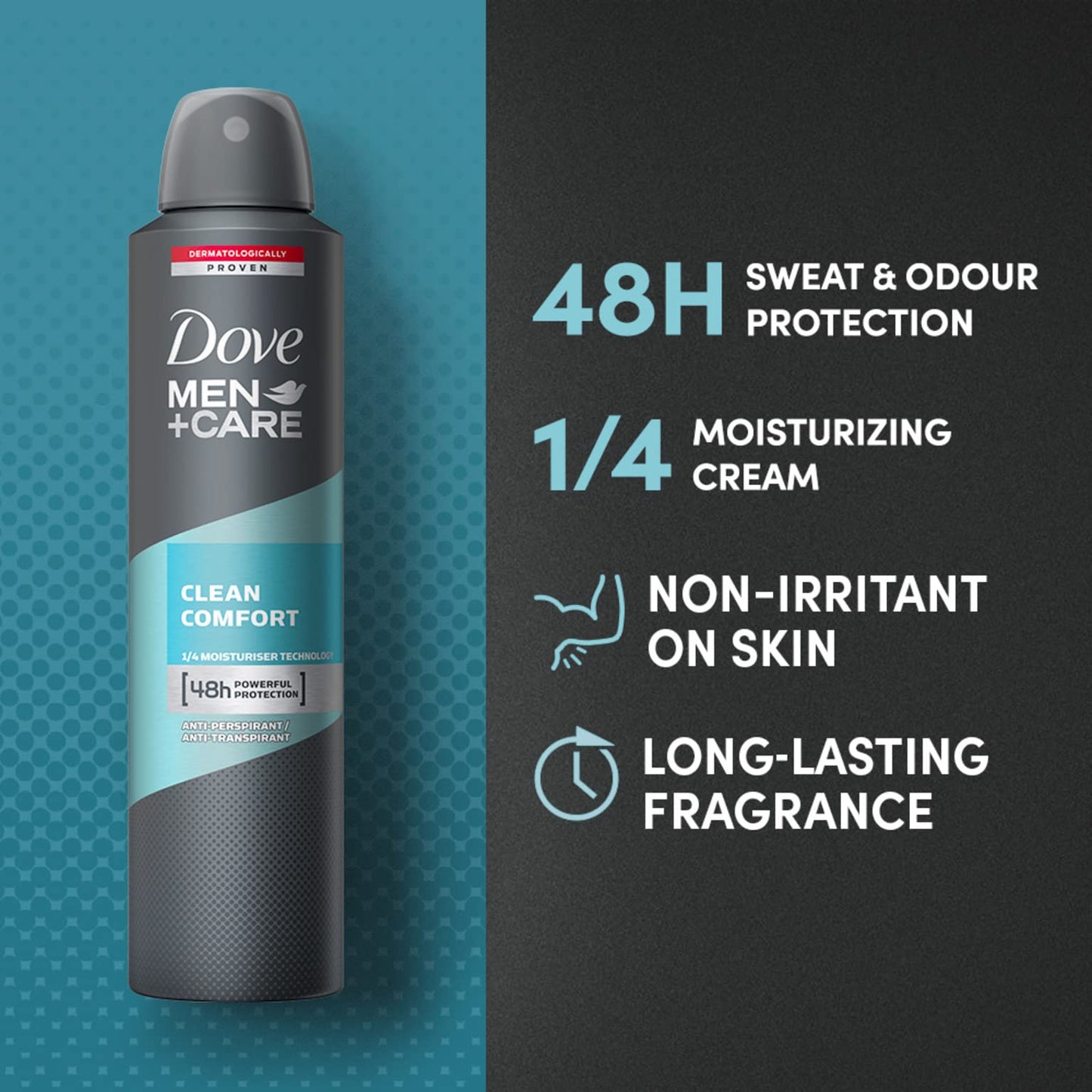 Dove MEN + CARE Clean Comfort Antiperspirant Deodorant 48 Hour Protection, 250 ml, Pack of 6