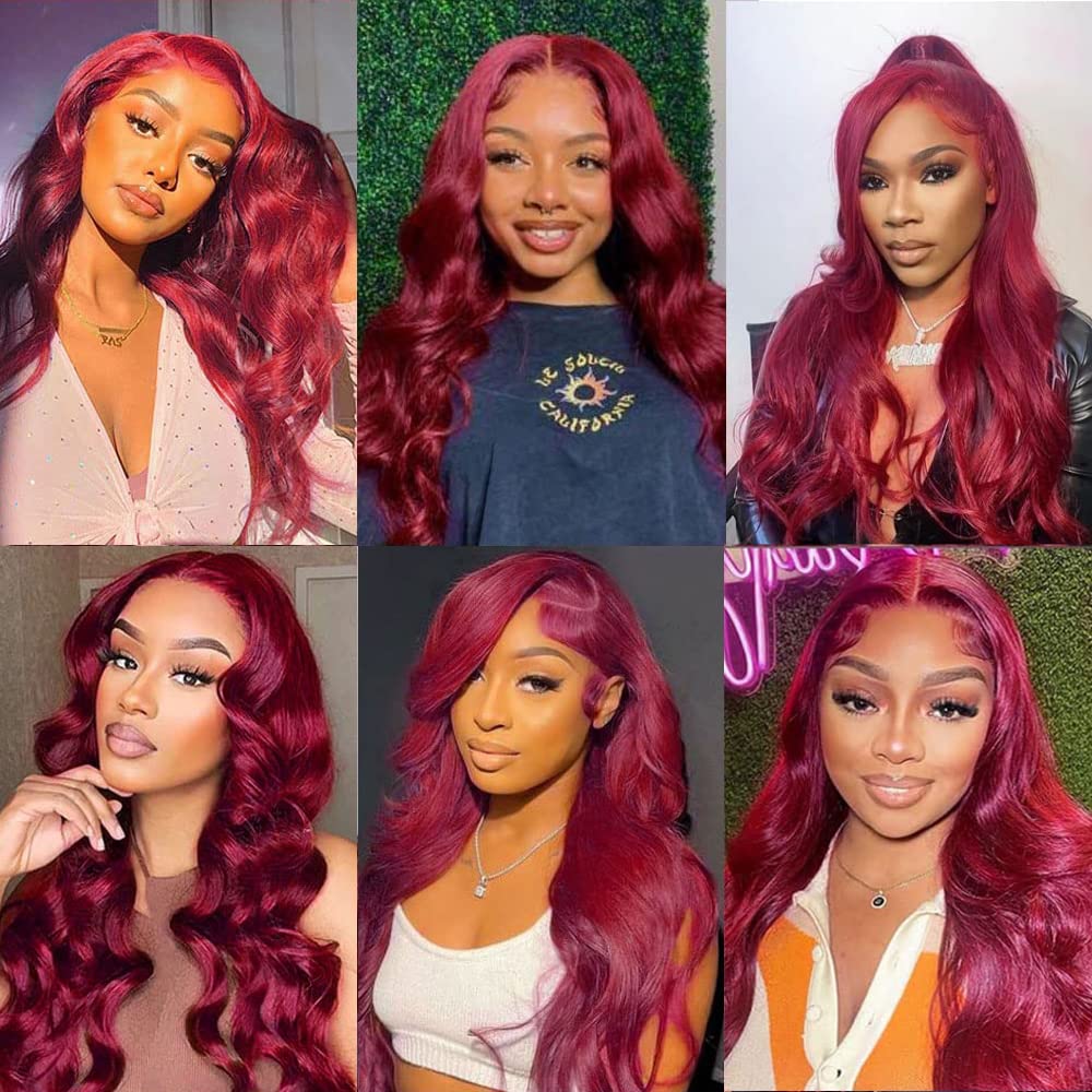 99J Burgundy Wine Red Color Body Wave 13x4 HD Lace Front Glueless Wigs Human Hair Pre Plucked Bleached Knots with Baby Hair Wigs Brazilian Human Hair Natural Hairline Wigs for Women(22Inch)