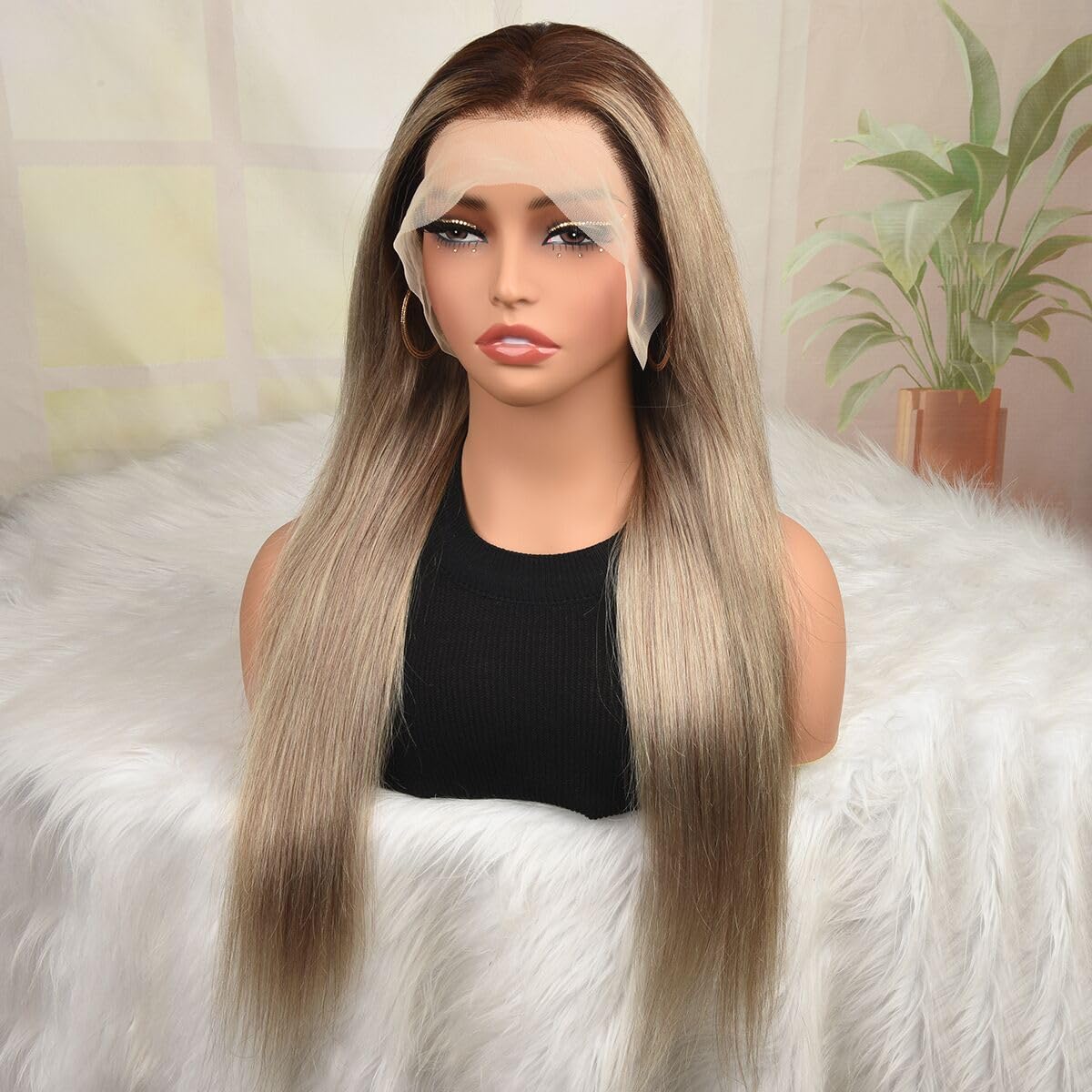 200% Density Ash Blonde Straight Lace Front Wigs for Black Women Pre Plucked Ash Blonde Wig Human Hair 13x4 Transparent Lace Front Wigs Human Hair Dark Brown Roots Platinum HD Lace Frontal Wig 24 Inch