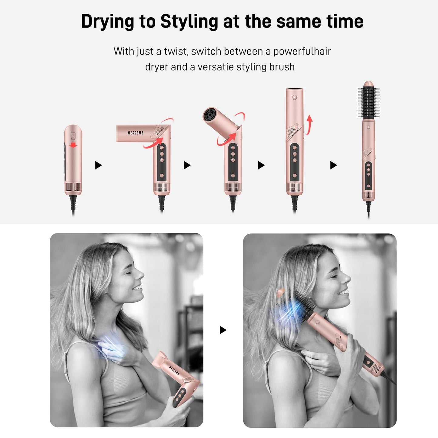 Hair Dryer Brush 5 in 1-110,000 RPM High-Speed Frizz-Free Blow Dryer for Fast Drying, Multi Hair Styler with Auto-Wrap Curlers, Blow Dryer Brush for Straightening Volumizing Curling Styling