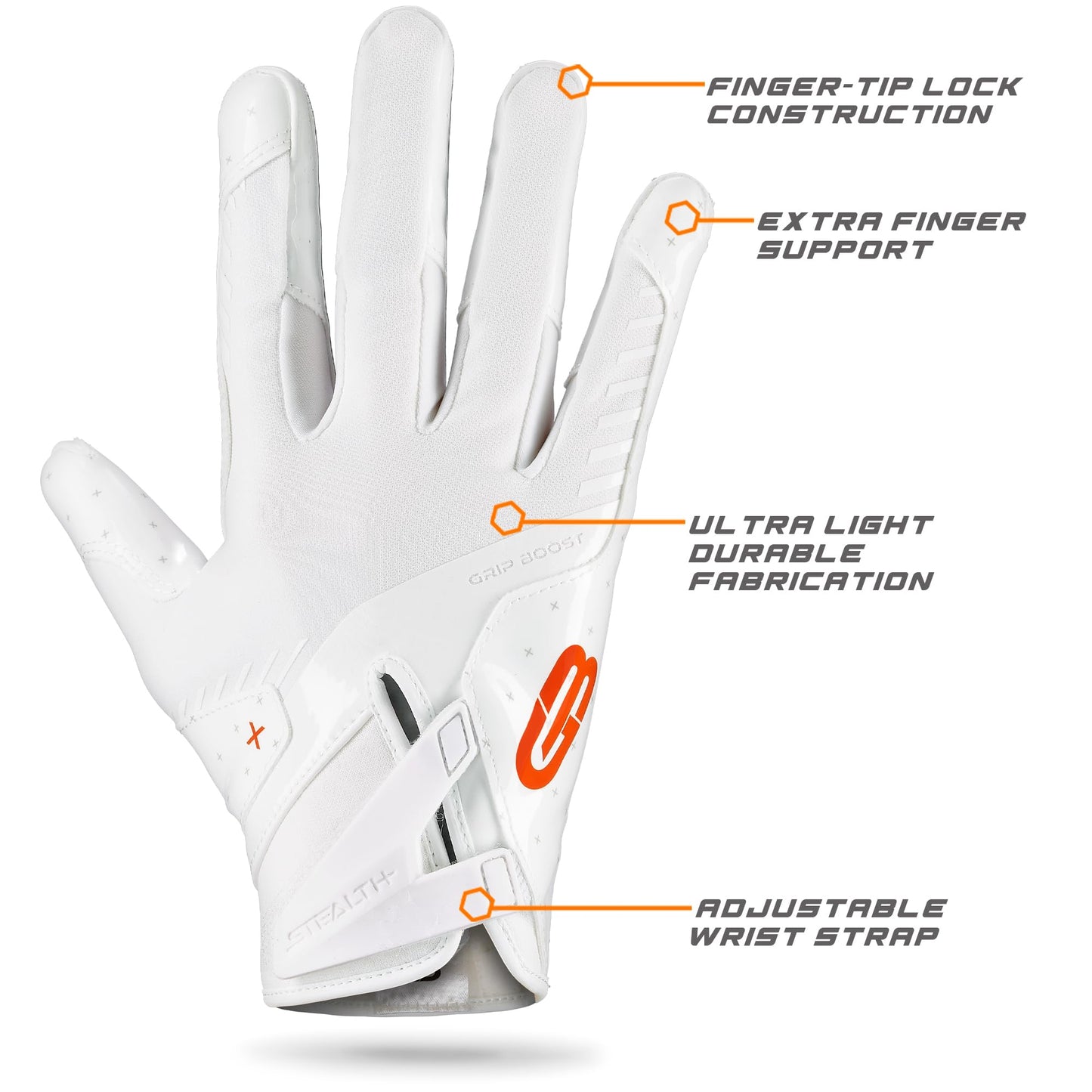 Grip Boost Youth Football Gloves Peace Stealth 6.0 Boost Plus Technology Kids Receiver Gloves - Youth Sizes (White/Orange, Youth Medium)