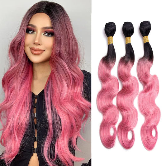 1B/Pink Body Wave Bundles Human Hair Pink Bundles Human Hair Ombre Two Tone Black and Pink Bundles Brazilian Human Hair Weave Wet and Wavy Bundles Silky Soft for Black Women 26 28 30 inch