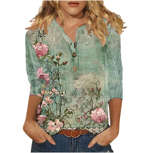 3/4 Sleeve Tops for Women 2024 Summer Shirts V Neck Floral Tshirts Button Peasant Blouses Loose Graphic Tees T-Shirts, Tshirts Shirts for Women Trendy, Plus Size Tops for Women