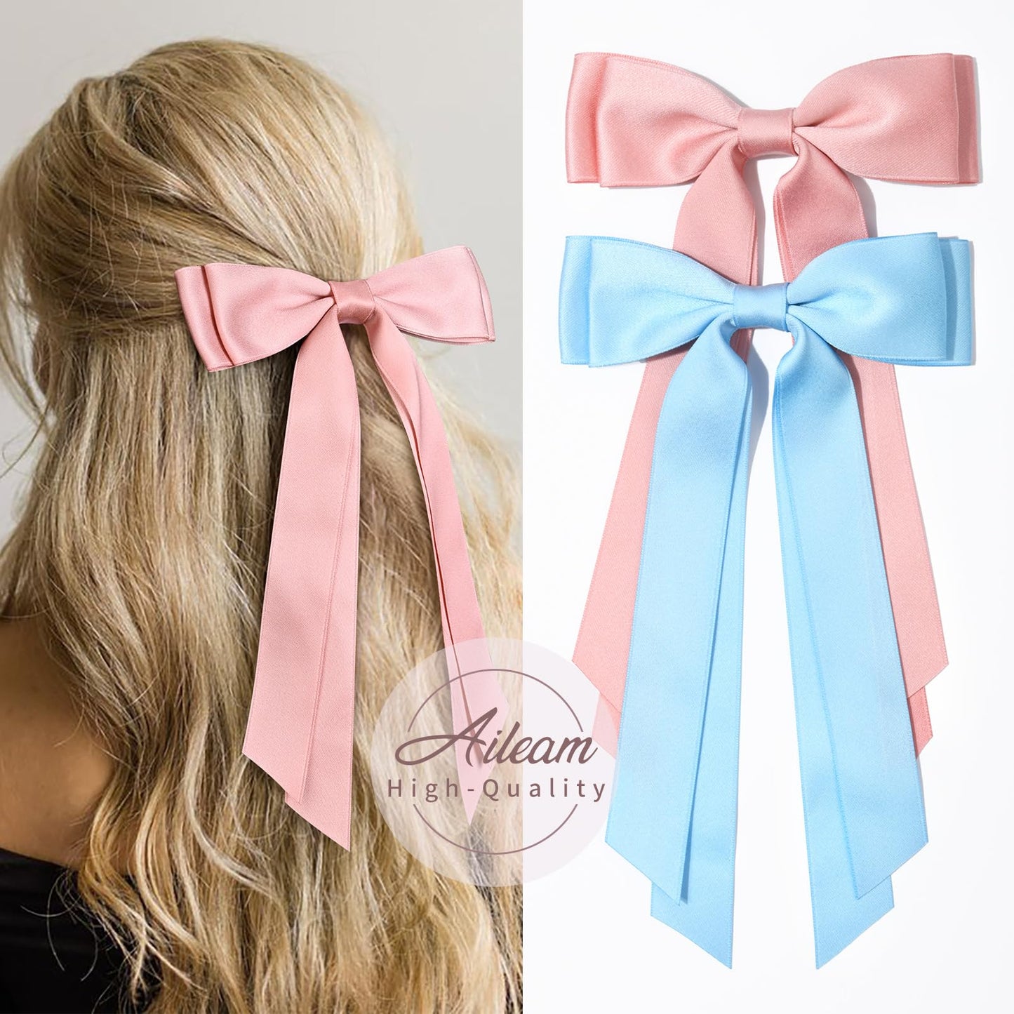 2PCS Silky Satin Hair Bows Hair Clip Pink Blue Hair Ribbon Ponytail Holder Accessories Slides Metal Clips Hair Bow for Women Girls Toddlers Teens Kids