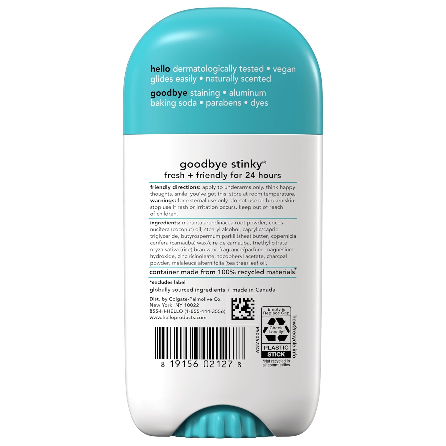 hello Clean and Fresh Aluminum Free Deodorant for Women and Men with Charcoal, 24-Hour Freshness, Baking Soda Free Deodorant, Dermatologically Tested, 2.6 oz Stick (2 Pack)