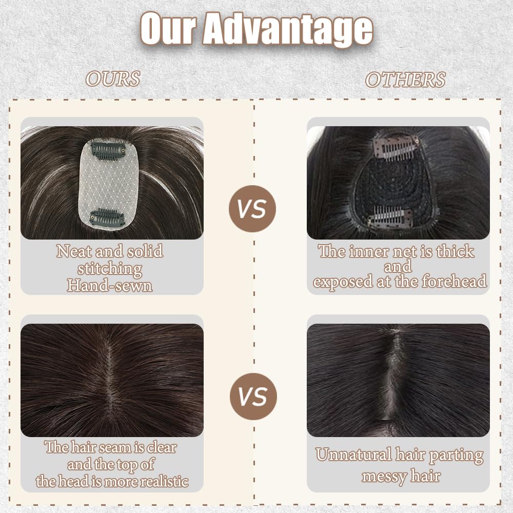 Hair Toppers for Women Real Human Hair, 3D Cover Clip in Bangs Realistic Scalp Line Human Hair Toppers for Women with Thinning Upgrade Basement with Wispy Bangs (Mocha Brown, French)