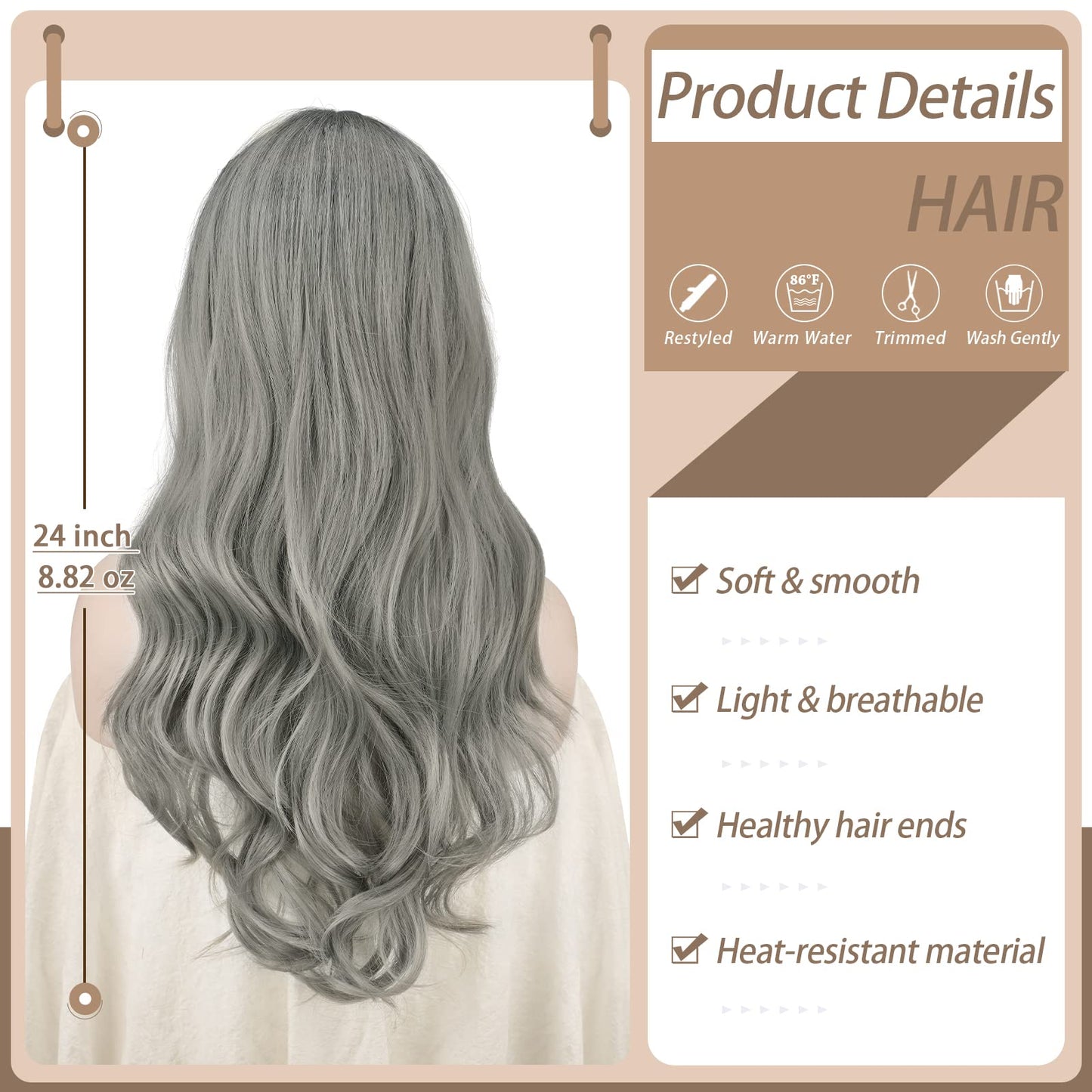 SOFEIYAN Ombre Wig with Bangs Long Curly Wavy Synthetic Wigs for Women Gray Hair Wig Heat Resistant Colorful Natural Wavy Wigs Daily Party Wigs 24 Inches Gray