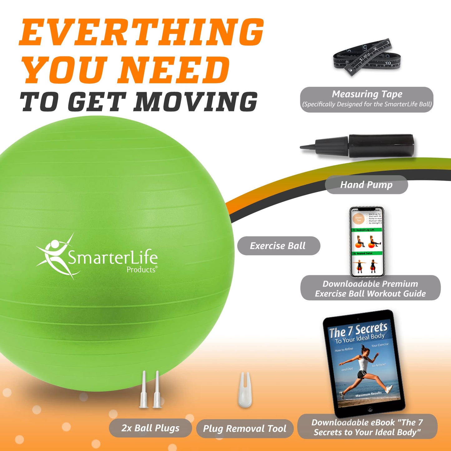 SmarterLife Workout Exercise Ball for Fitness, Yoga, Balance, Stability, or Birthing, Great as Yoga Ball Chair for Office or Exercise Gym Equipment for Home, Non-Slip Design (45 cm, Lime)